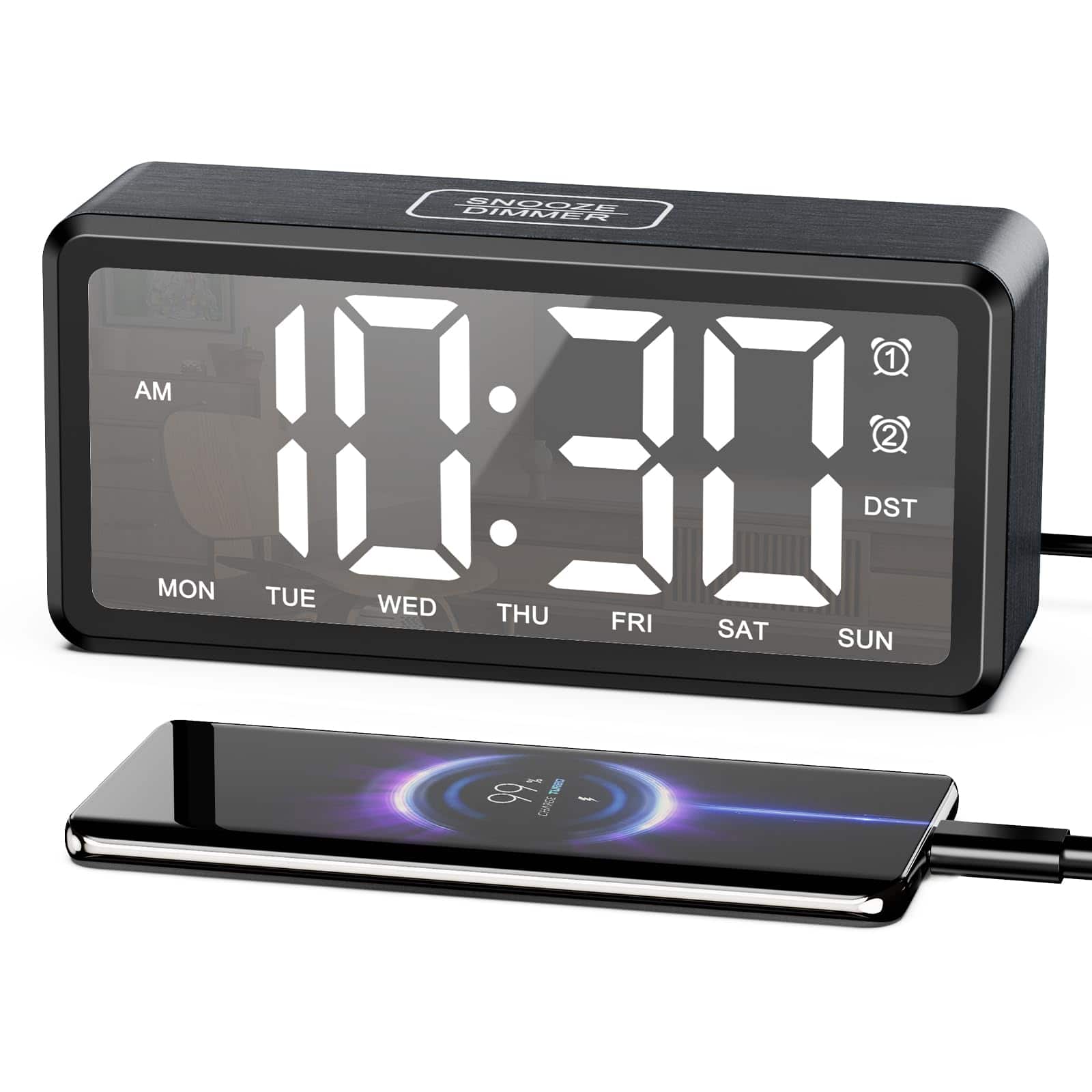 Dazzed Corner - Wooden Alarm Clock with Mirror LED Display, Dual Alarms - Black