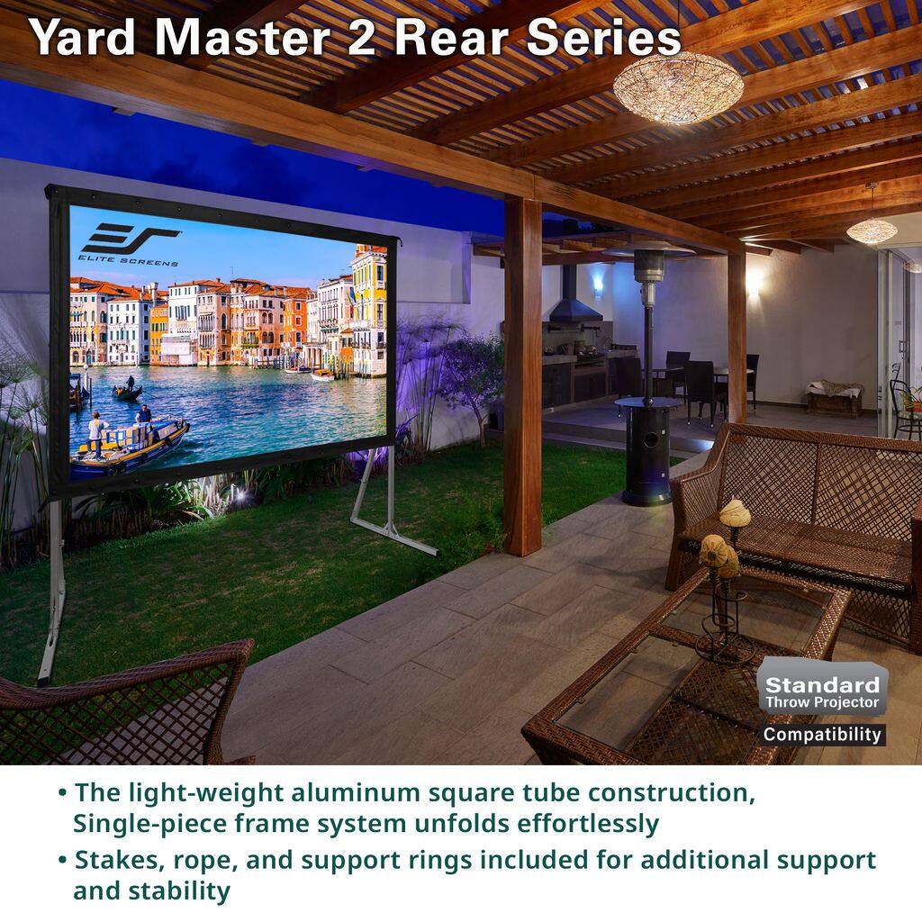 Yard Master 2 Rear Series ELITE Screens

- The light-weight aluminum square tube construction, Single-piece frame system unfolds effortlessly
- Stakes, rope, and support rings included for additional support and stability
- Standard Throw Projector Compatibility