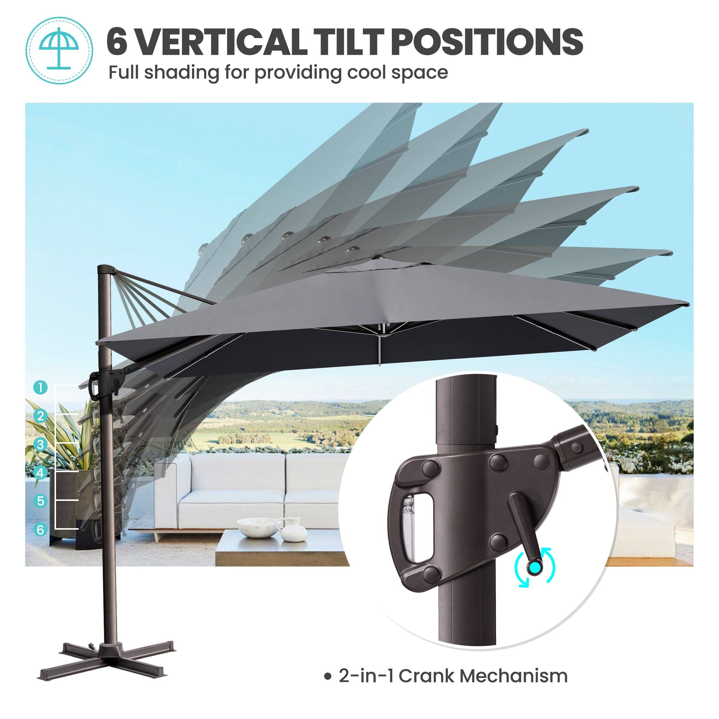 6 VERTICAL TILT POSITIONS  
Full shading for providing cool space  

1 2 3 4 5 6  

2-in-1 Crank Mechanism