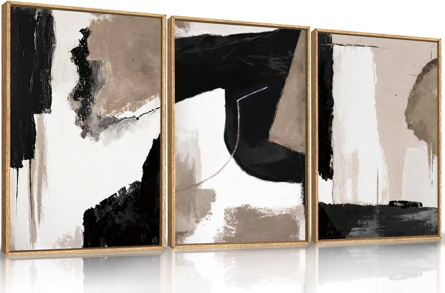 Front. Hirose Alice - Large Neutral Abstract Framed Canvas Wall Art Set Minimalist Gray and Beige Pastel Wall Decor Modern Nature - Brown and Black Wall Art 24"L x 36"W.