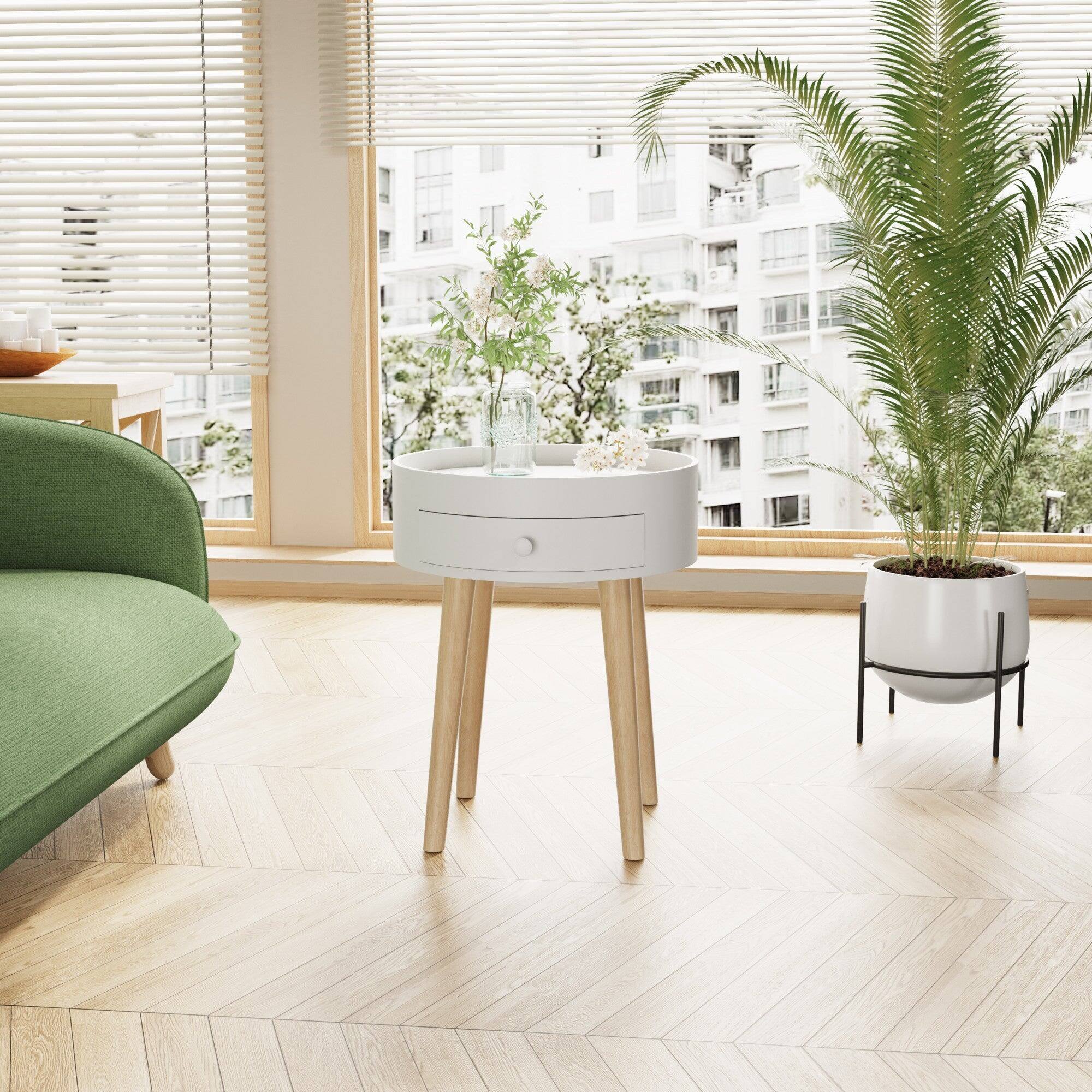 Alt View 2. Boyel Living - 18 in White Nightstand with Storage Drawer and Solid Oak Legs - White.