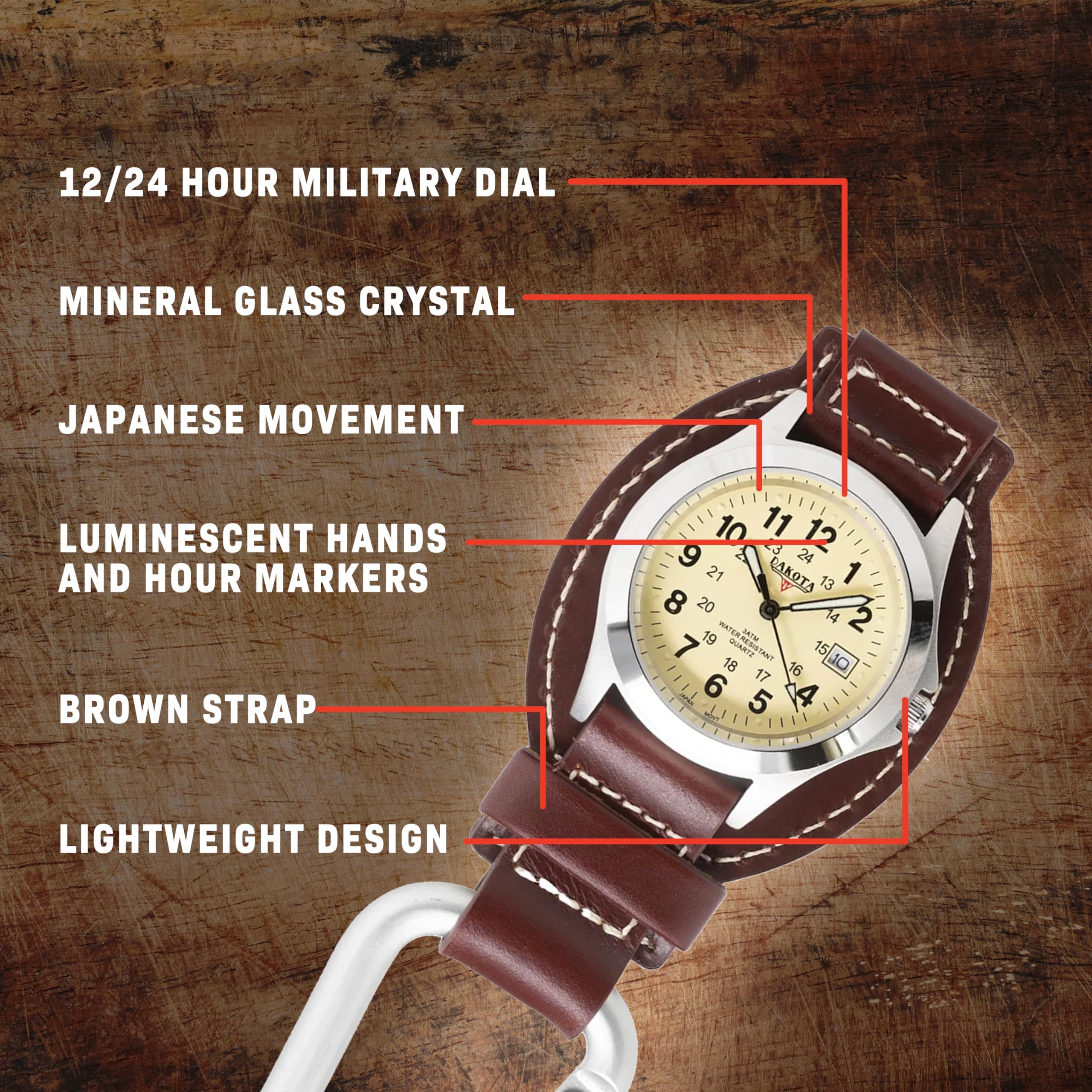 12/24 HOUR MILITARY DIAL  
MINERAL GLASS CRYSTAL  
JAPANESE MOVEMENT  
LUMINESCENT HANDS AND HOUR MARKERS  
BROWN STRAP  
LIGHTWEIGHT DESIGN