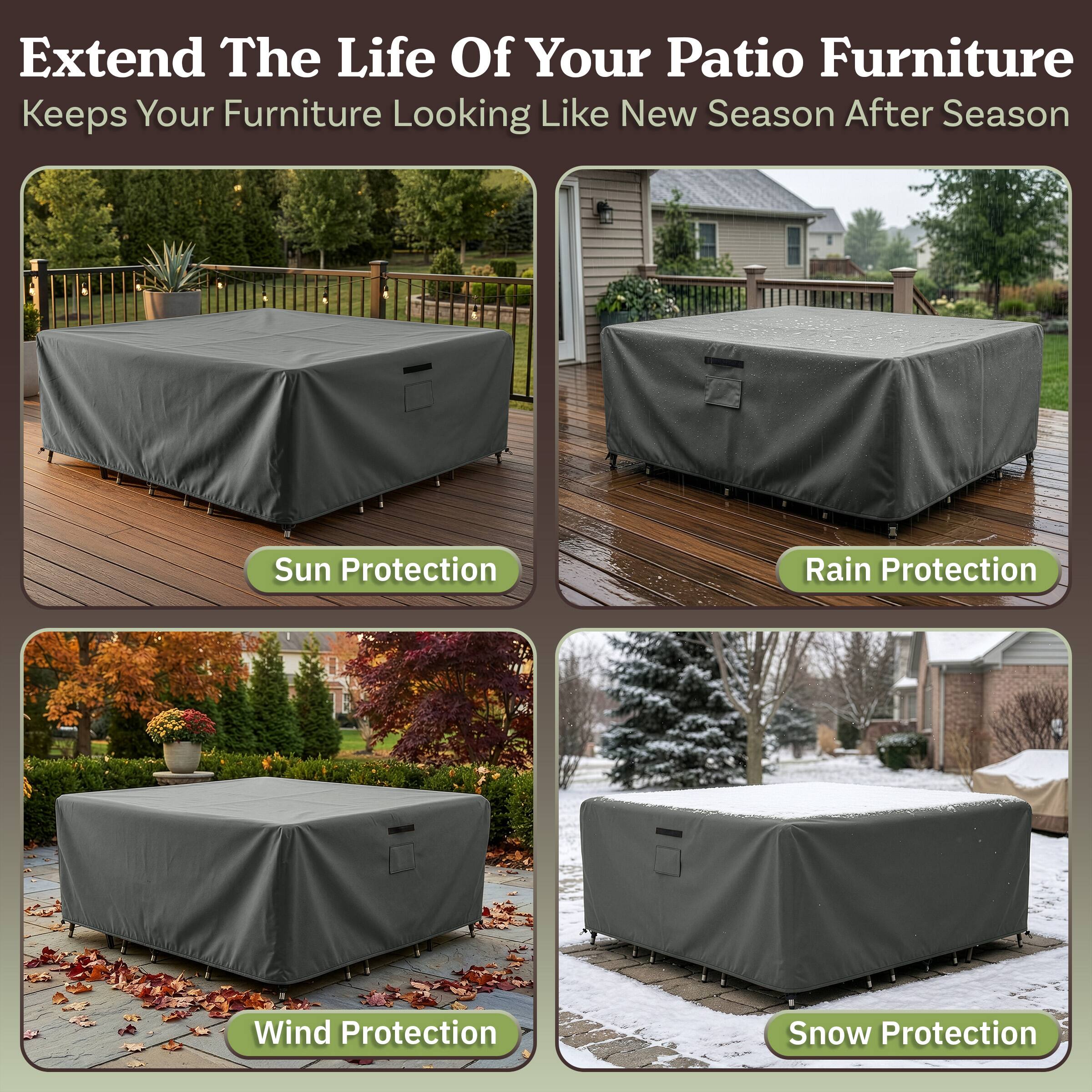 Extend The Life Of Your Patio Furniture  
Keeps Your Furniture Looking Like New Season After Season  

- Sun Protection  
- Rain Protection  
- Wind Protection  
- Snow Protection
