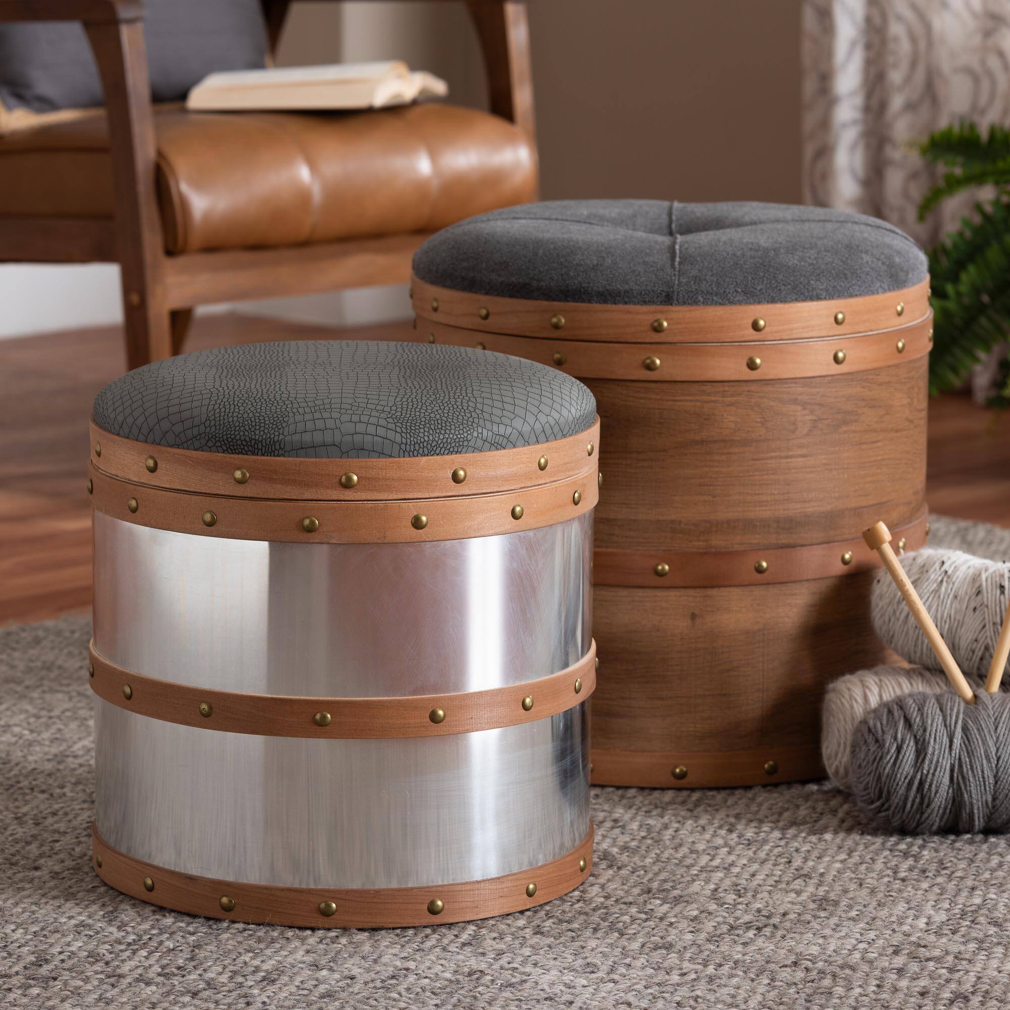 Back. Baxton Studio - Caleb Modern Fabric and Alligator Faux Leather 2-Piece Storage Ottoman Set - Brown/Mirrored.