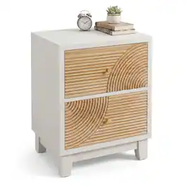 COZAYH - 2-Drawer Farmhouse Bedroom Nightstand w/ Rustic Wood Ring Pattern - White