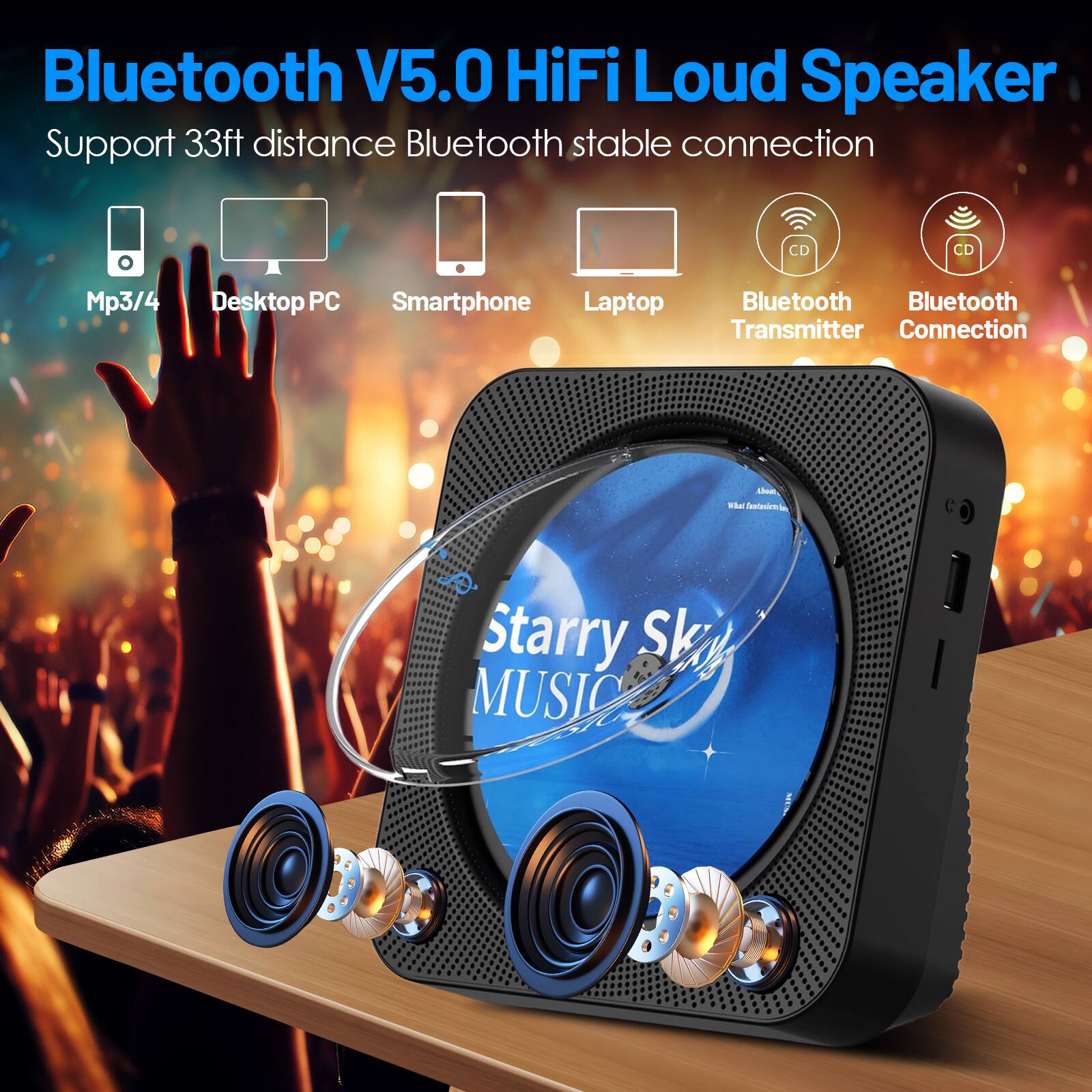 Bluetooth V5.0 HiFi Loud Speaker  
Support 33ft distance Bluetooth stable connection  

- Mp3/4  
- Desktop PC  
- Smartphone  
- Laptop  
- Bluetooth Transmitter  
- Bluetooth Connection  

Starry Sky MUSIC