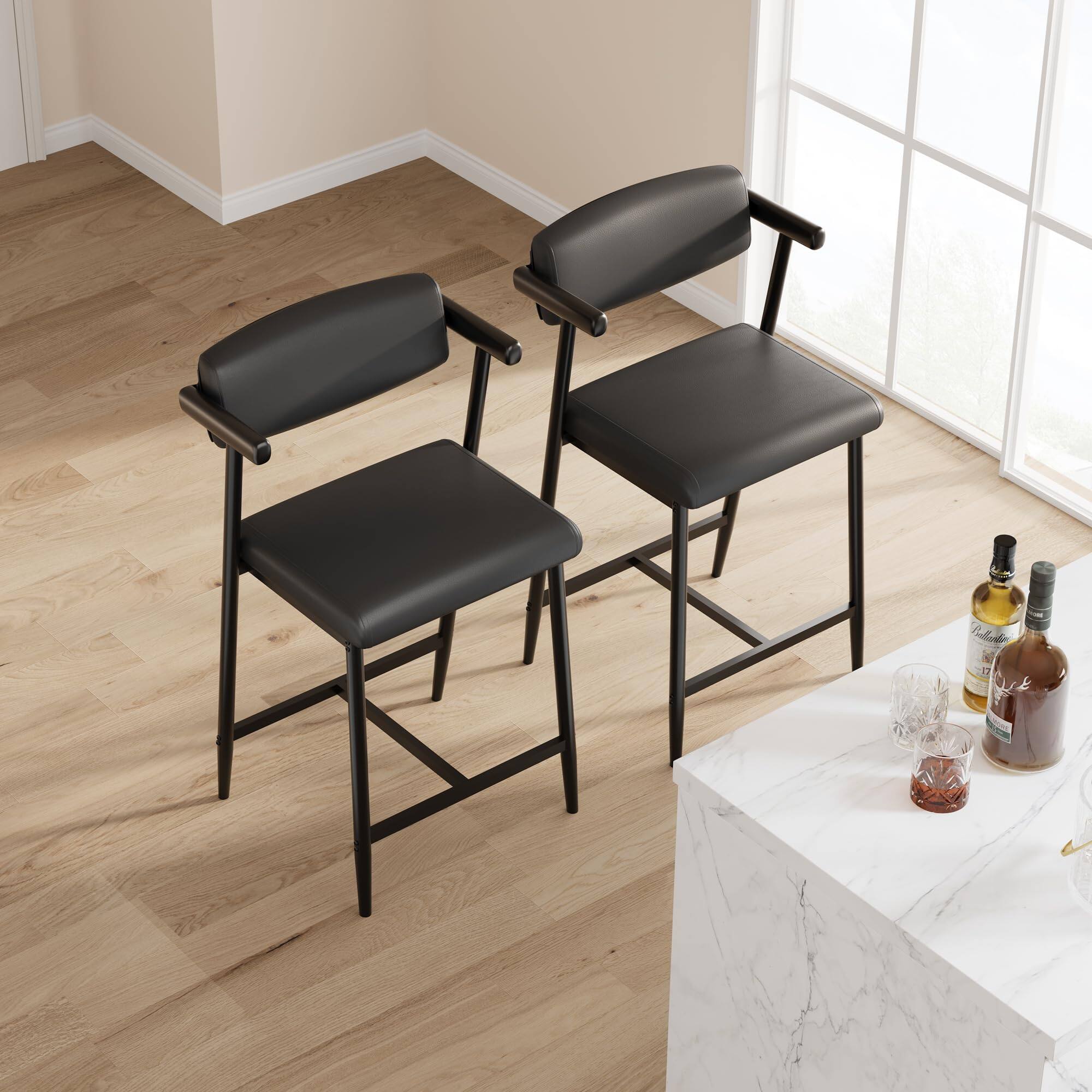 Left. Babevy - Bar Stools Set of 2 with Armrests, Metal Counter Height Bar Stools Set with Upholstered Seat, Footrest & Soft Back - Black.