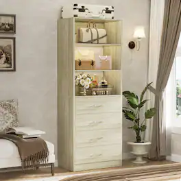 Aheaplus - 80'' Tall Bookcase with 4 Wooden Drawers, 21.3'' Wide Storage Unit with Adjustable Shelves - Beige Oak