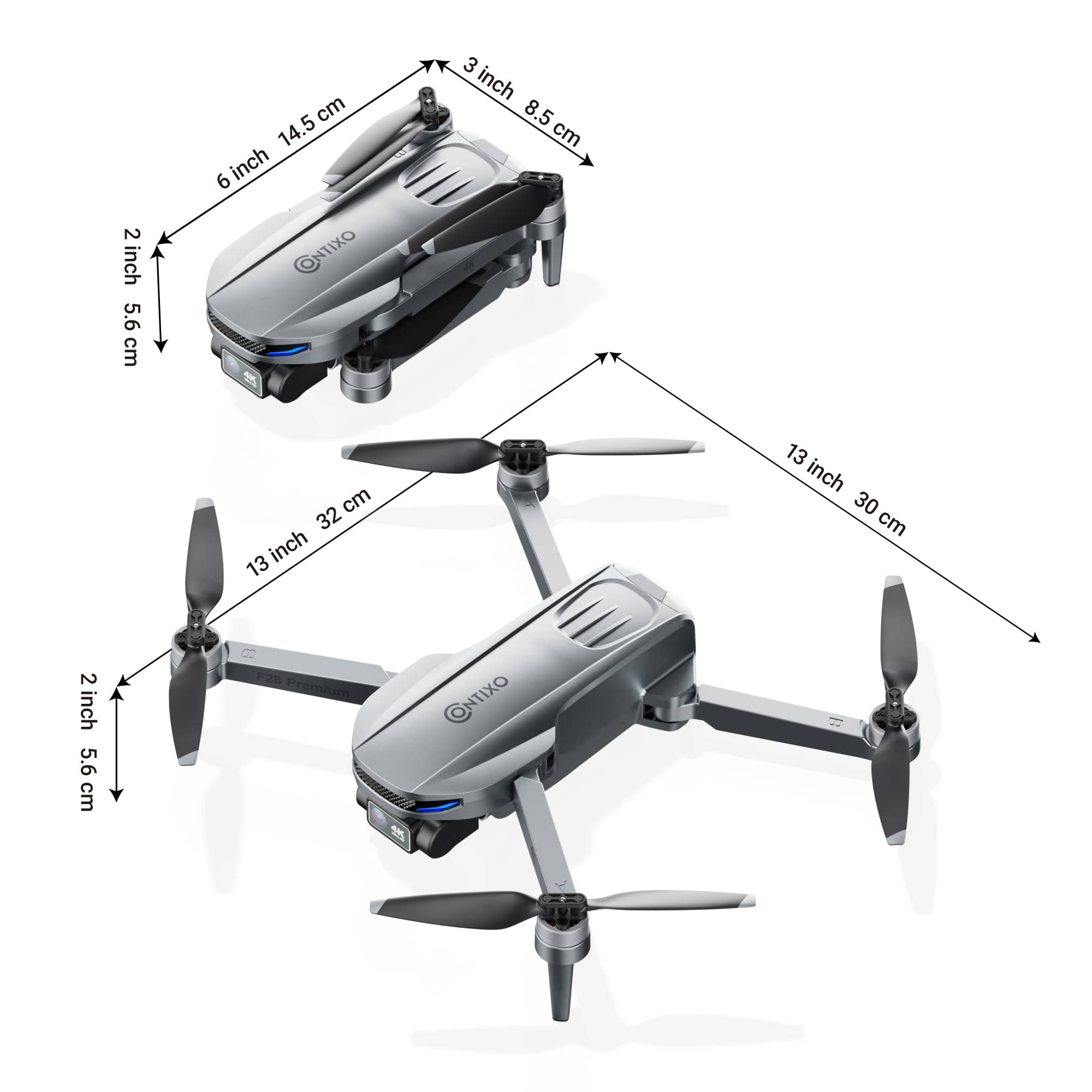 The image shows two different sized drones, one is larger and the other is smaller. The larger drone is 14.5 inches (37 cm) in size, while the smaller drone is 32 inches (81 cm) in size. The smaller drone is also referred to as a "mini drone." Both drones are designed by the company CNTIXO.