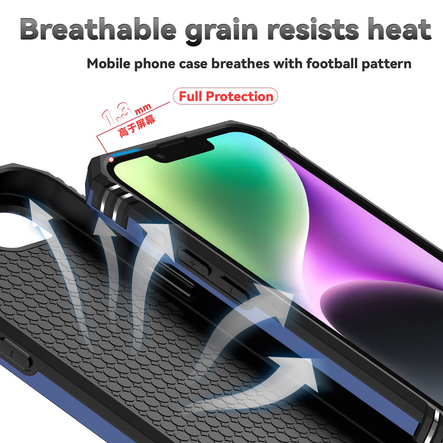 Breathable grain resists heat  
Mobile phone case breathes with football pattern  
Full Protection  
1.3 mm  
高于屏幕