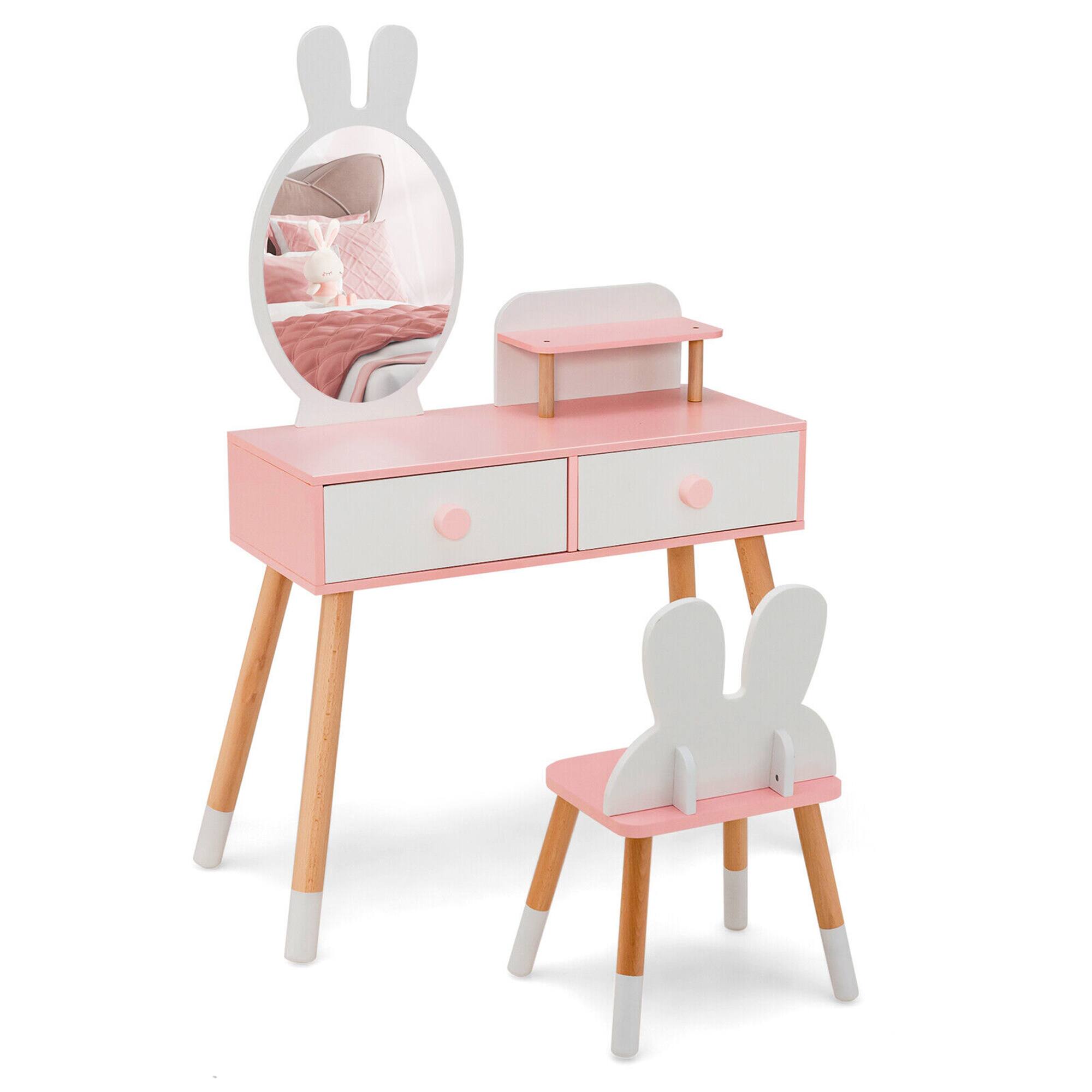 Alt View 9. Gymax - Gymax Kid Vanity Set Makeup Table Stool with Drawer Shelf Wood Leg Rabbit Mirror White - White.