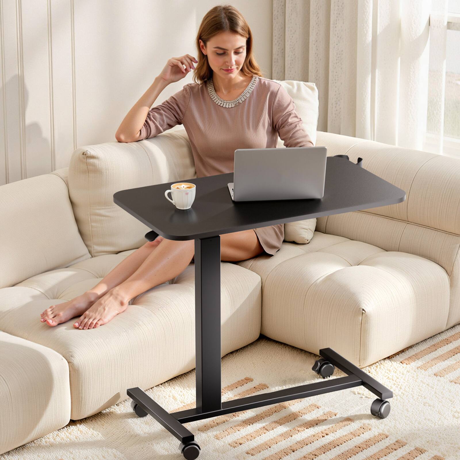 Alt View 2. GTPlayer - Pneumatic Mobile Standing Laptop Desk with Lockable Wheels 32 IN W x 18 IN D Adjustable Overbed Bedside Table - Black.