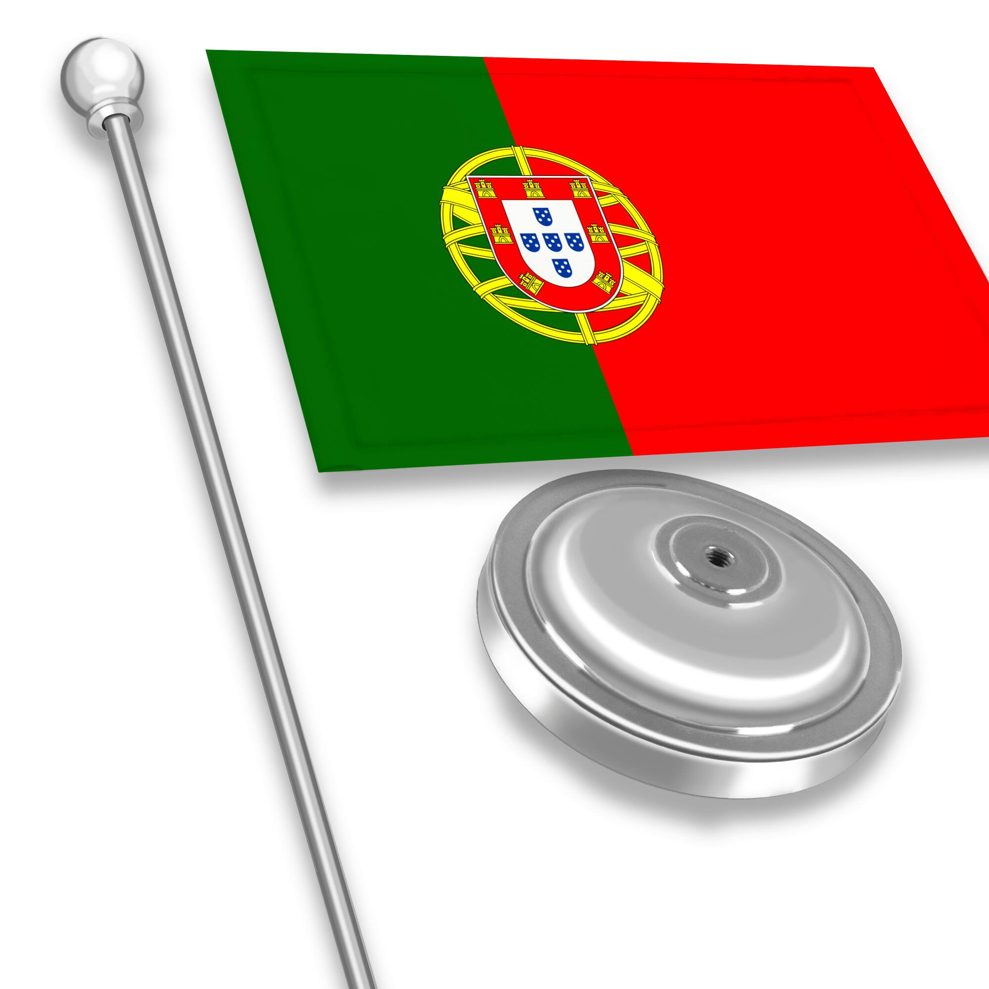 Angle. G128 - Portugal Deluxe Desk Flag Set - 8.5 x 5.5 in Printed Polyester with 15 in Metal Pole and Silver Base - Assorted Colors.