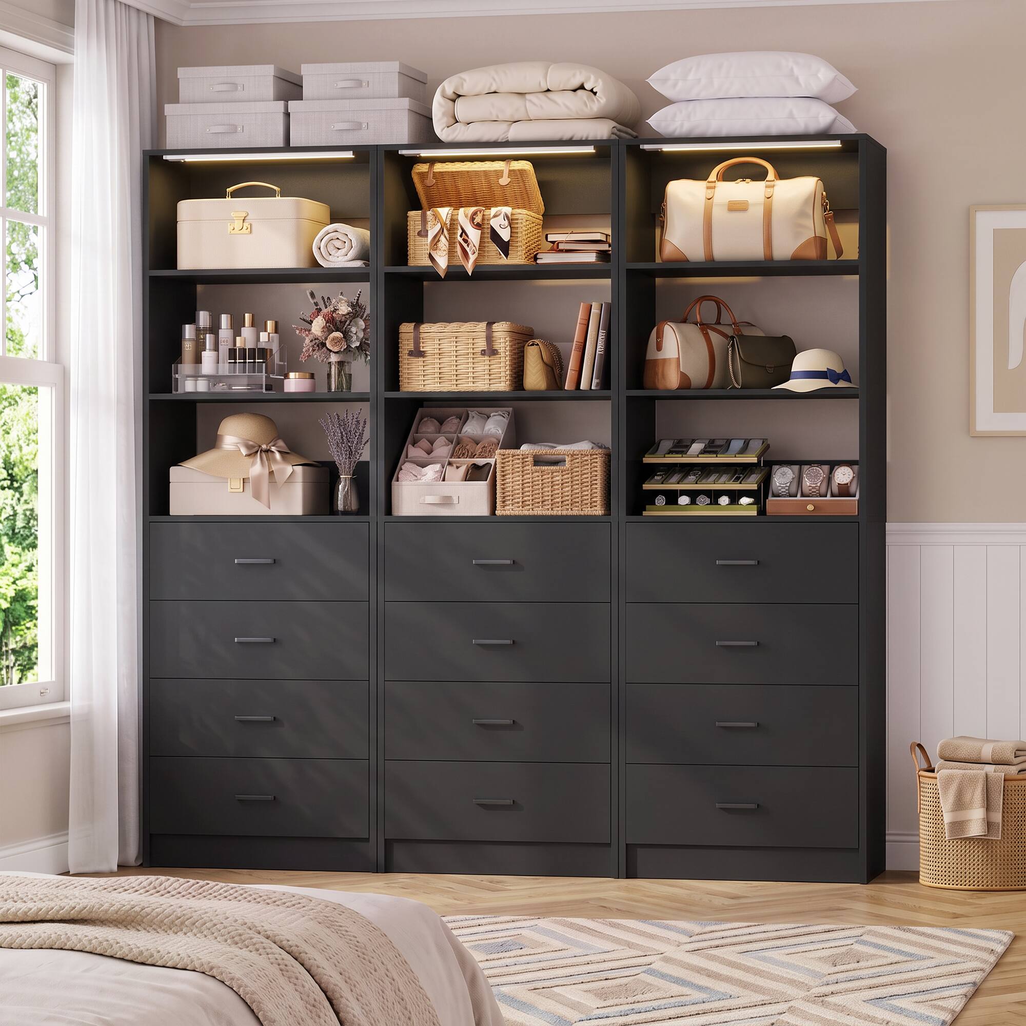 Front. Aheaplus - 5.3FT Wide Closet System with 3 Motion Sensor Lights,  12 Wood Drawers & Adjustabl Shelves - Black.