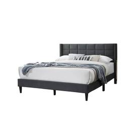 Manhattan Lane - Meno Queen Size Bed, Square Stitched Charcoal Gray Linen Upholstery - Charcoal Gray, Black