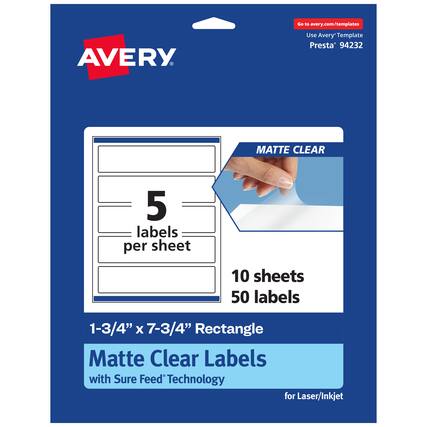 Go to avery.com/templates
AVERY
Use Avery Template Presta® 94232
MATTE CLEAR
5 labels per sheet
10 sheets 50 labels
1-3/4" x 7-3/4" Rectangle Matte Clear Labels with Sure Feed® Technology for Laser/Inkjet