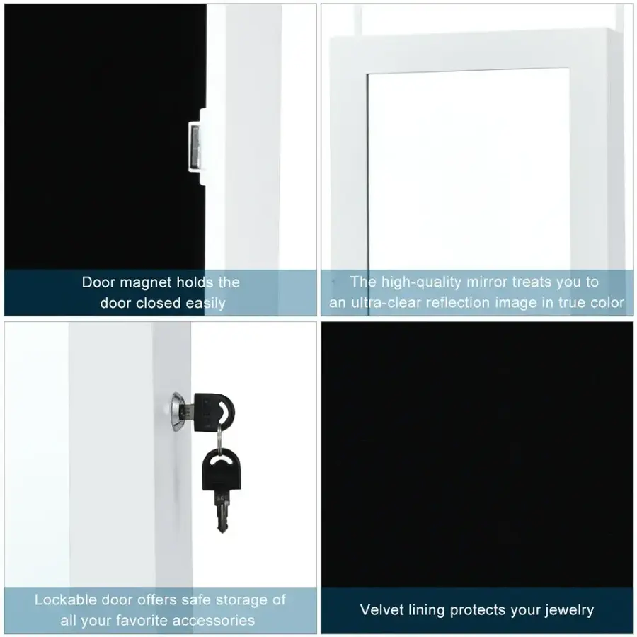 The image features a white door with a keyhole and a key hanging on it. The door has a magnet that holds it closed easily. The door also has a high-quality mirror that provides an ultra-clear reflection in true color. Additionally, the door is lockable, offering safe storage for all your favorite accessories. The door also has a velvet lining that protects your jewelry.