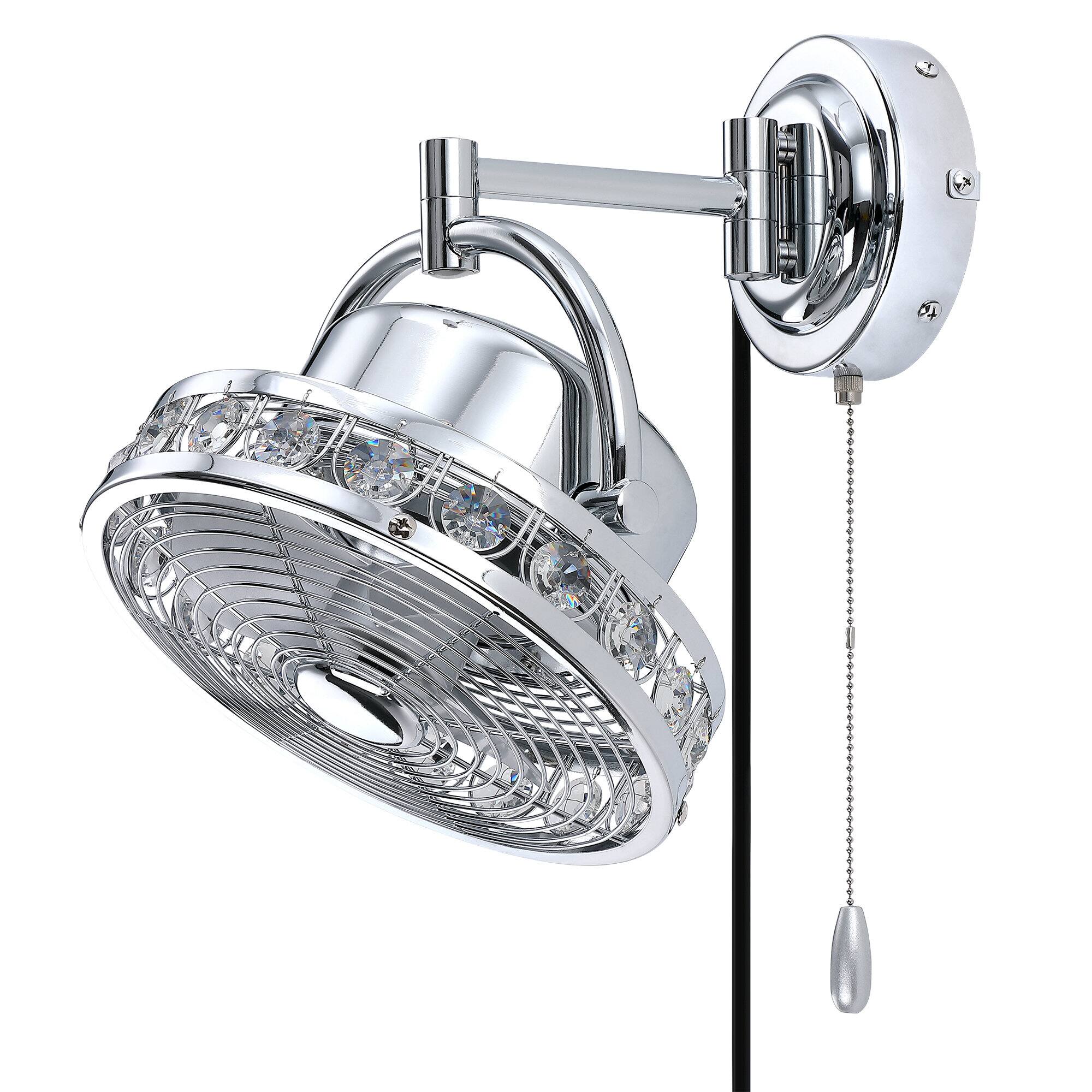 Alt View 1. Parrot Uncle - 10" Modern Chrome 3-Blade Crystal Wall Mount Fan with Pull Chain - Chrome.