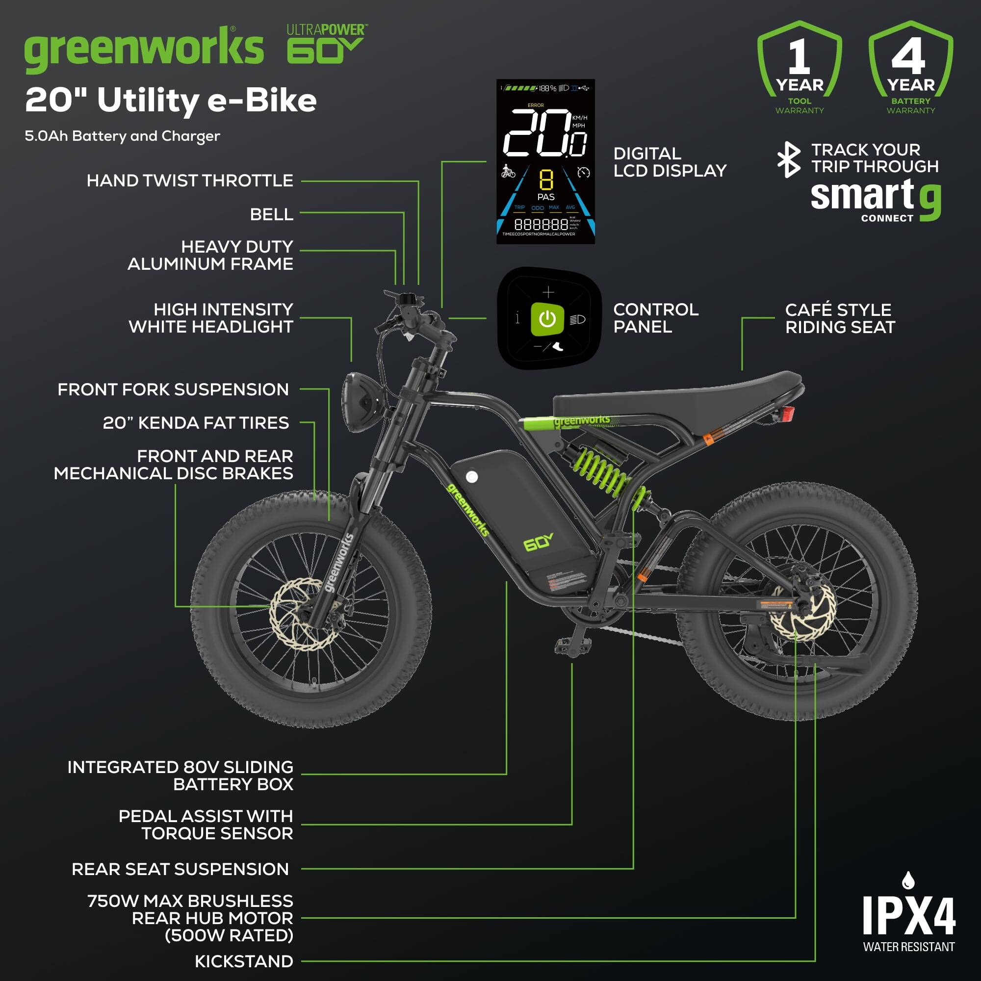 Alt View 3. Greenworks - Greenworks 60V Electric Dirty Bike for Adults, 20" Fat Tire with 750W Motor Max 20MPH, Green - Green.