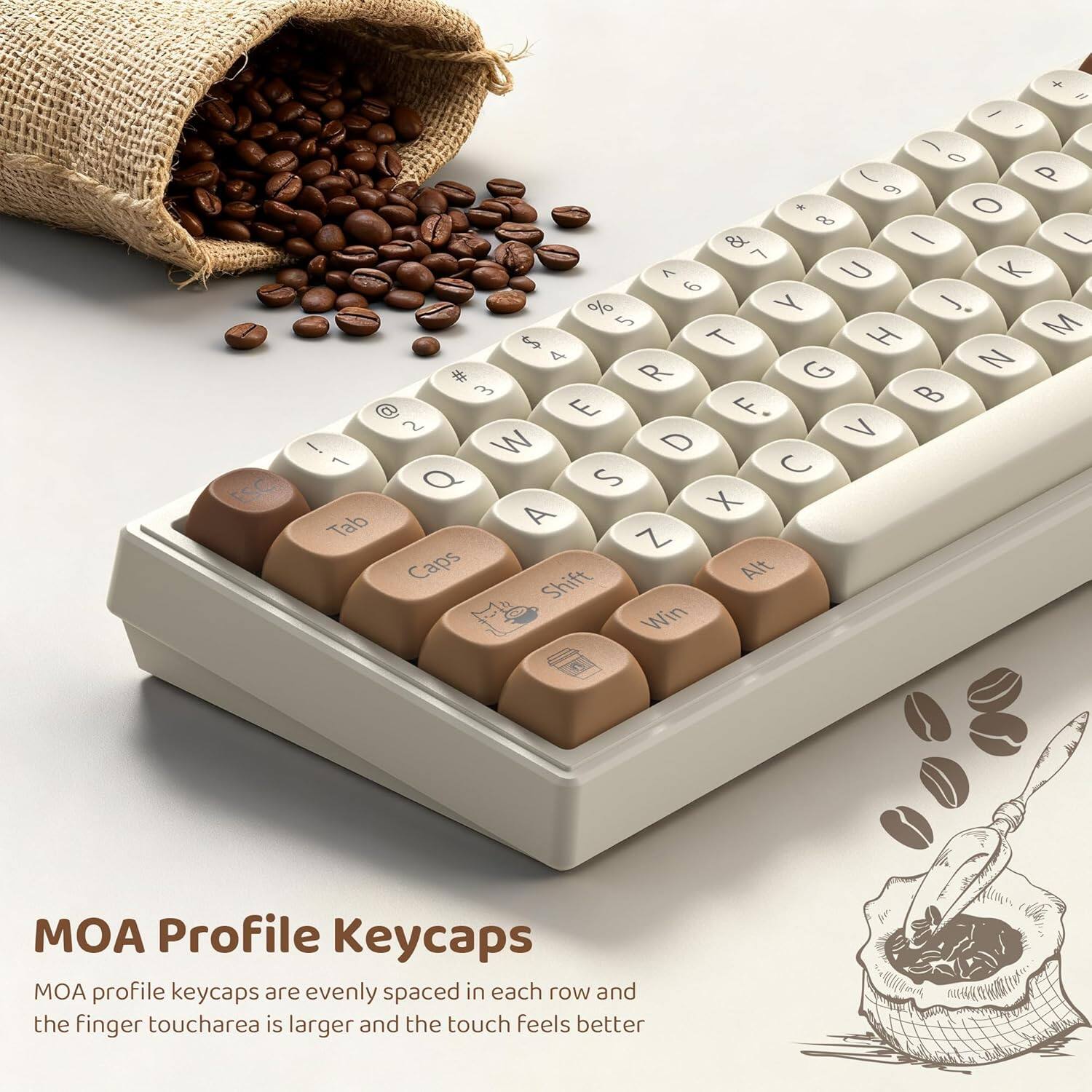 MOA Profile Keycaps

MOA profile keycaps are evenly spaced in each row and the finger touch area is larger and the touch feels better
