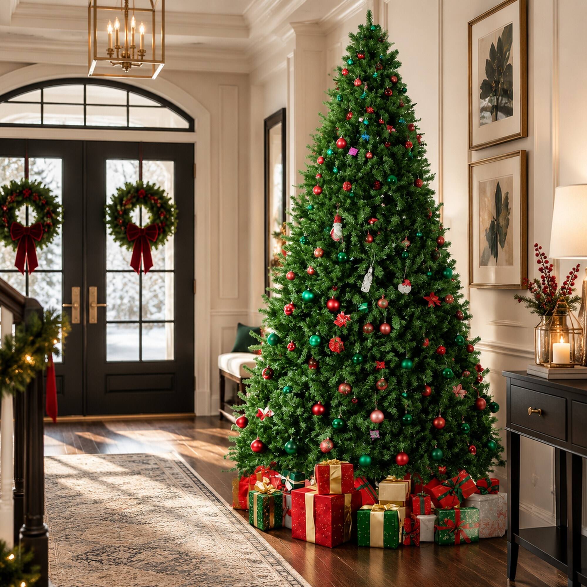 Alt View 1. RYHNUYNE - 12FT Unlit Artificial Christmas Tree With Dense Realistic Spruce Branches and Metal Base, Green - Green.
