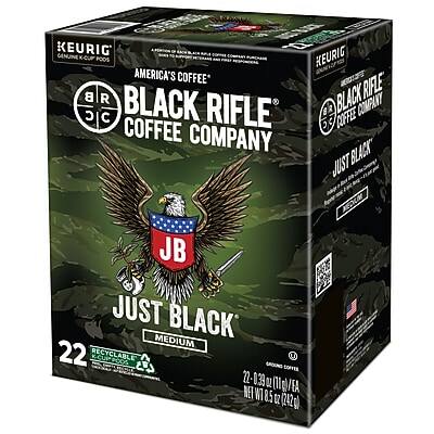 KEURIG  
AMERICA'S COFFEE  

BLACK RIFLE COFFEE COMPANY  
JUST BLACK  
MEDIUM  

22 K-CUPS  
RECYCLABLE  

NET WT 8.5 OZ (242g)
