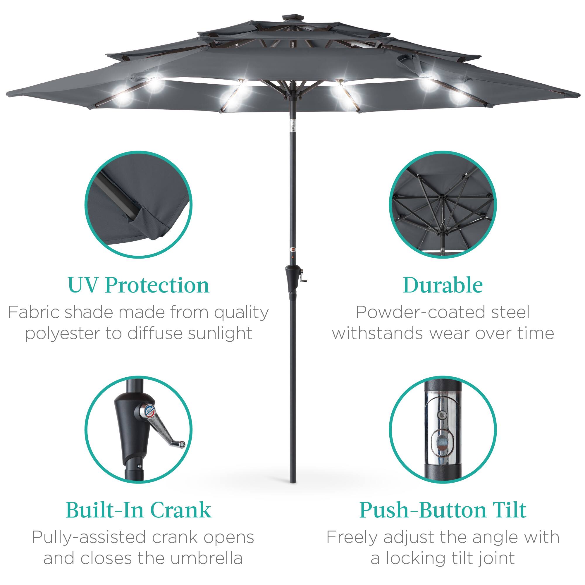 - UV Protection  
  Fabric shade made from quality polyester to diffuse sunlight

- Durable  
  Powder-coated steel withstands wear over time

- Built-In Crank  
  Pully-assisted crank opens and closes the umbrella

- Push-Button Tilt  
  Freely adjust the angle with a locking tilt joint