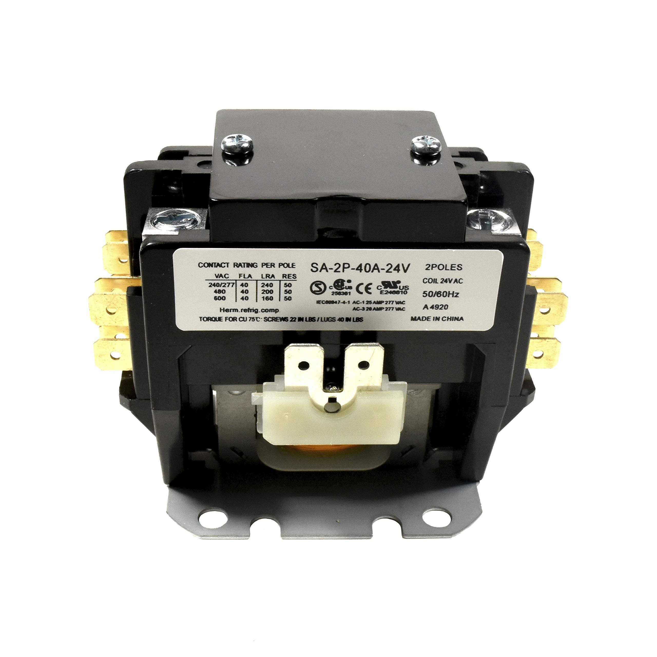 CONTACT HATING PER POLE  
SA-2P-40A-24V  
2POLES  
VAC FLA LRA RES  
240/277 40 240 50  
480 40 200 50  
600 40 160 50  
COIL: 24VAC  
50/60Hz  
ECB80  
Herm. refrig. comp.  
TORQUE FOR CU75: SCREWS 22 LBS / LUGS 100 IN-LBS  
MADE IN CHINA  

2-2P-40A-24V  
2POLES  
COIL: 24VAC  
50/60Hz  
ECB80  
AC-3 25A AMP 277 VAC  
A-4920  
MADE IN CHINA