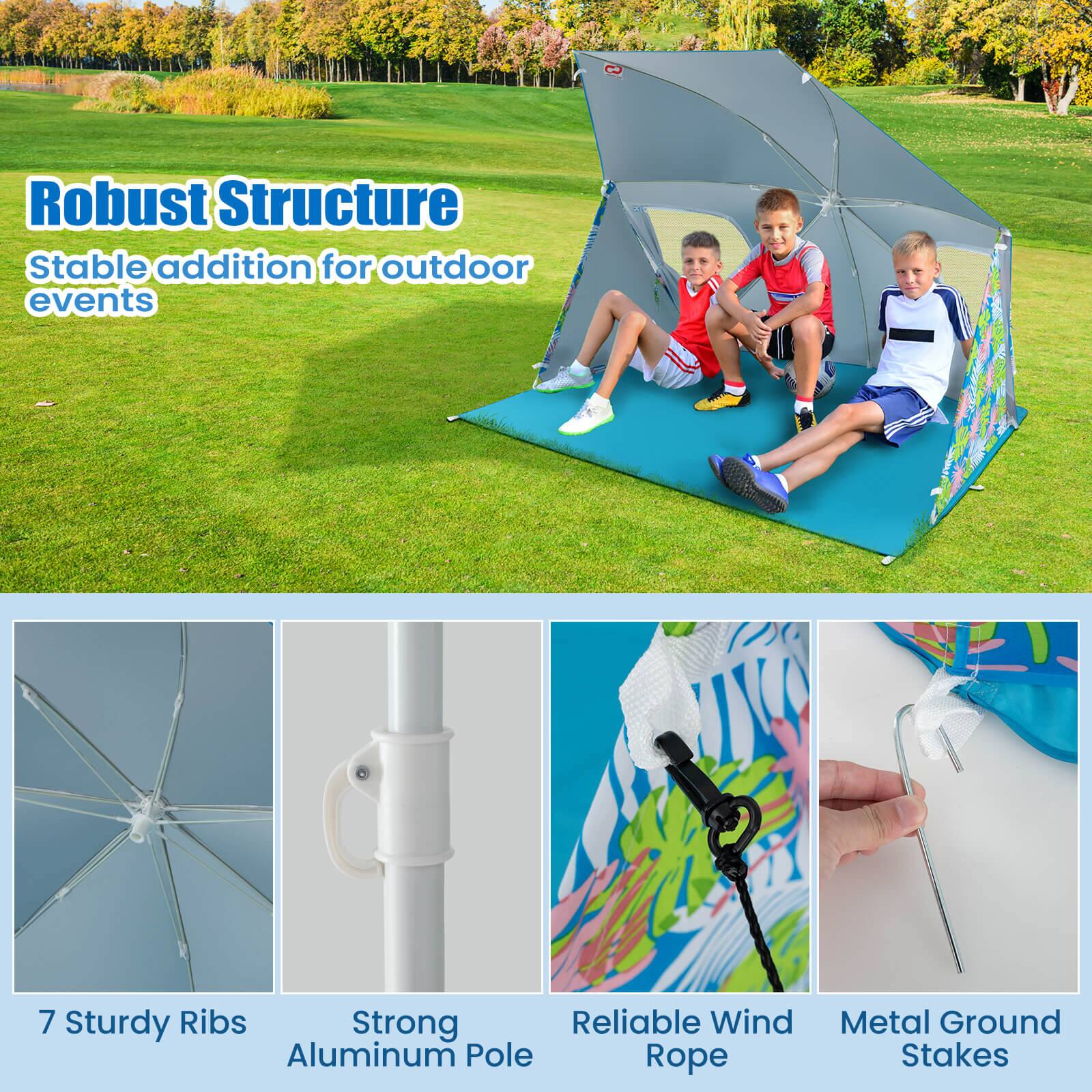 Robust Structure: Stable addition for outdoor events. 7 Sturdy Ribs, Strong, Reliable Wind, Metal Ground Anchors, Aluminum Pole, Rope Stakes.