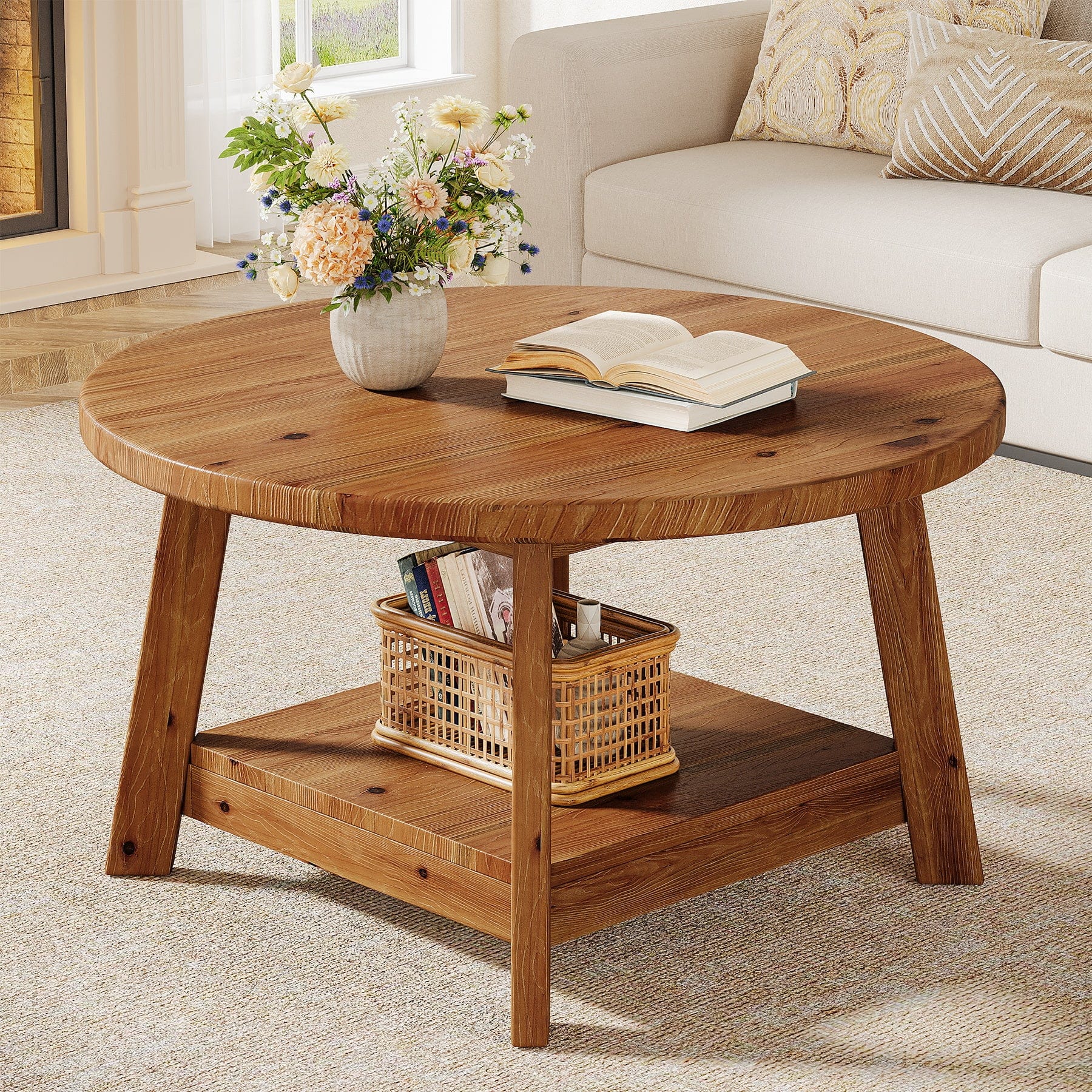 Tribesigns - Solid Wood Coffee Table with Round Top for Books, Drinks and Everyday Essentials - Brown
