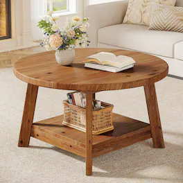 Tribesigns - Solid Wood Coffee Table with Round Top for Books, Drinks and Everyday Essentials - Brown