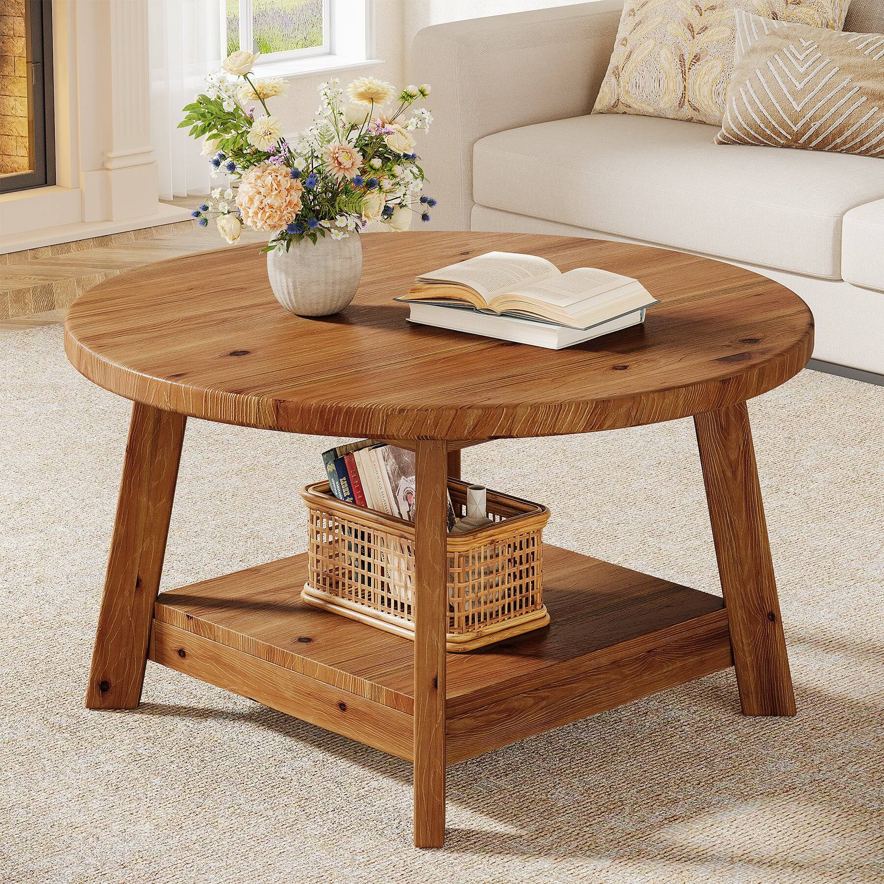 Front. Tribesigns - Solid Wood Coffee Table with Round Top for Books, Drinks and Everyday Essentials - Brown.