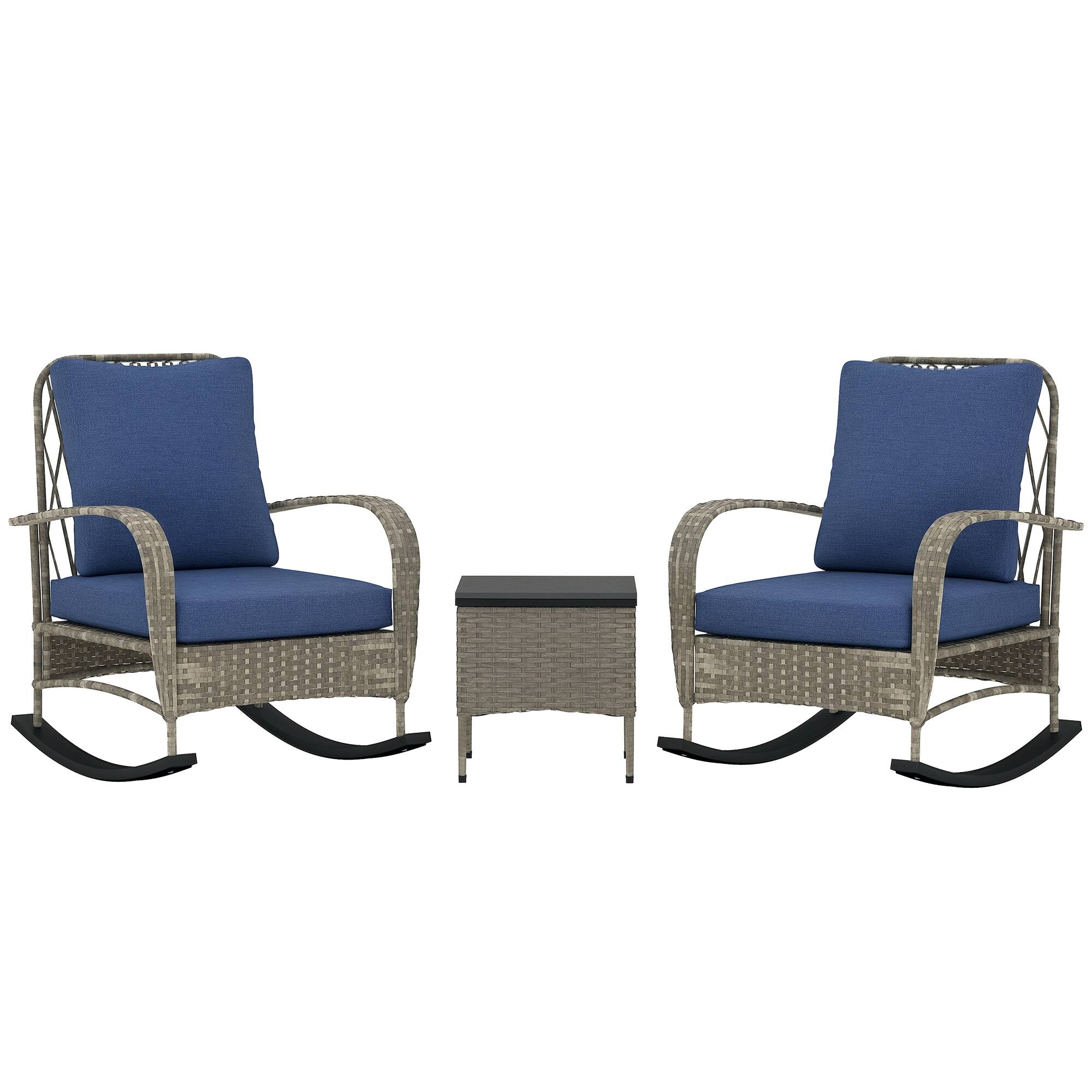 Outsunny - Piece Wicker Patio Furniture Set, Outdoor PE Rattan Rocking Chairs with Coffee Table - Gray