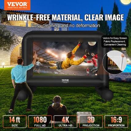 VEVOR TOUGH TOOLS HALF PRICE
WRINKLE-FREE MATERIAL, CLEAR IMAGE
Easy cleaning and no deformation
Velcro for Easy Screen Fabric Replacement, Convenient Cleaning
VEVOR 14 ft SIZE
1080 FULL HD
4K ULTRA HD
3D PROJECTION
16:9 PROPORTION