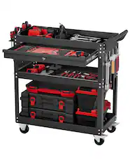 Front. VEVOR - 4-Tier Tool Cart with Wheels, 350 lbs Load Capacity, Rolling Work Cart with Drawer & Pegboard - Black.