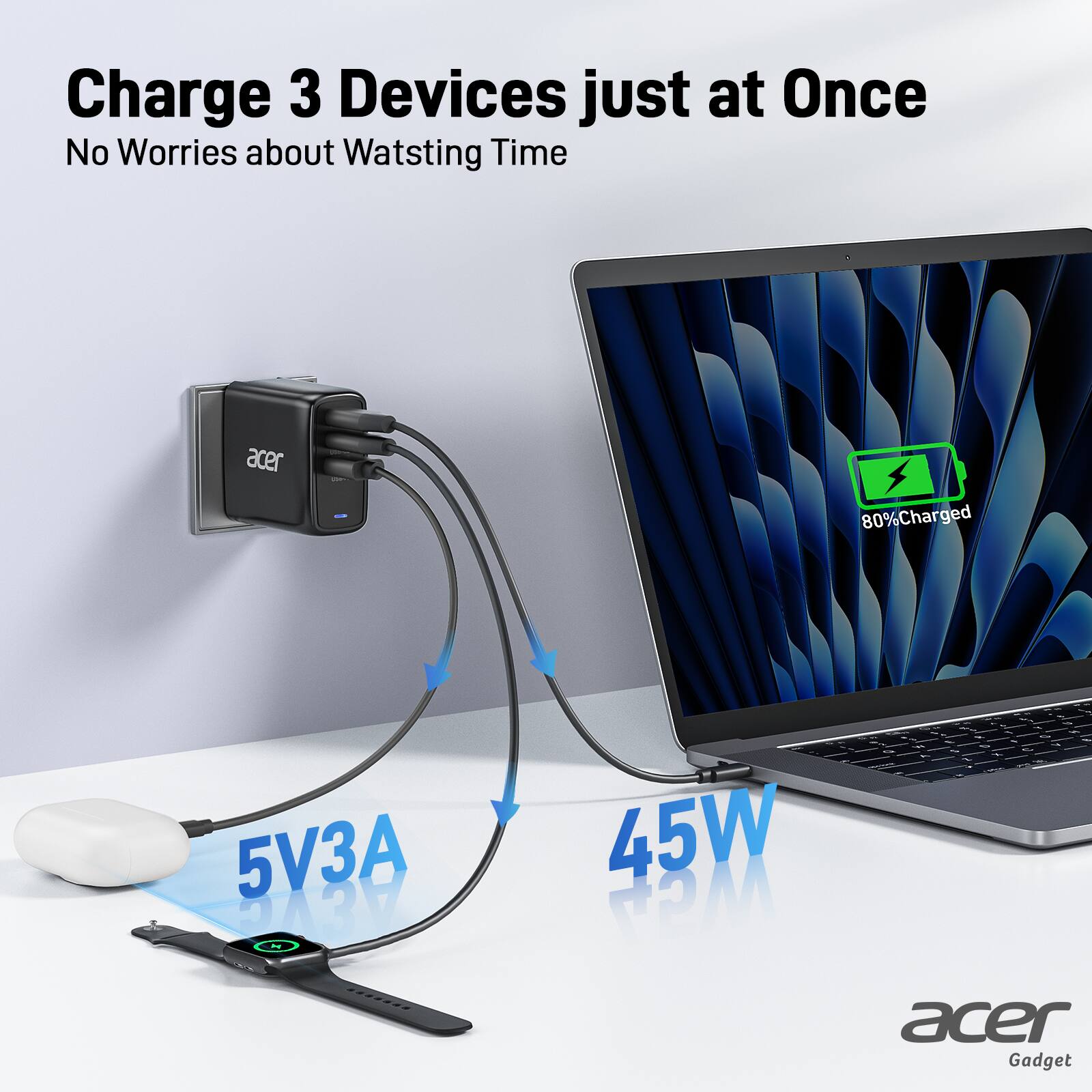 Charge 3 Devices just at Once  
No Worries about Wasting Time  

5V3A  
45W  

80% Charged  

acer Gadget