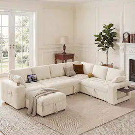 Dyonery - 110" Modular Sectional Sofa with Pull Out Bed,L Shaped 7 Seat Sectional Sleeper Sofa with Storage - Beige