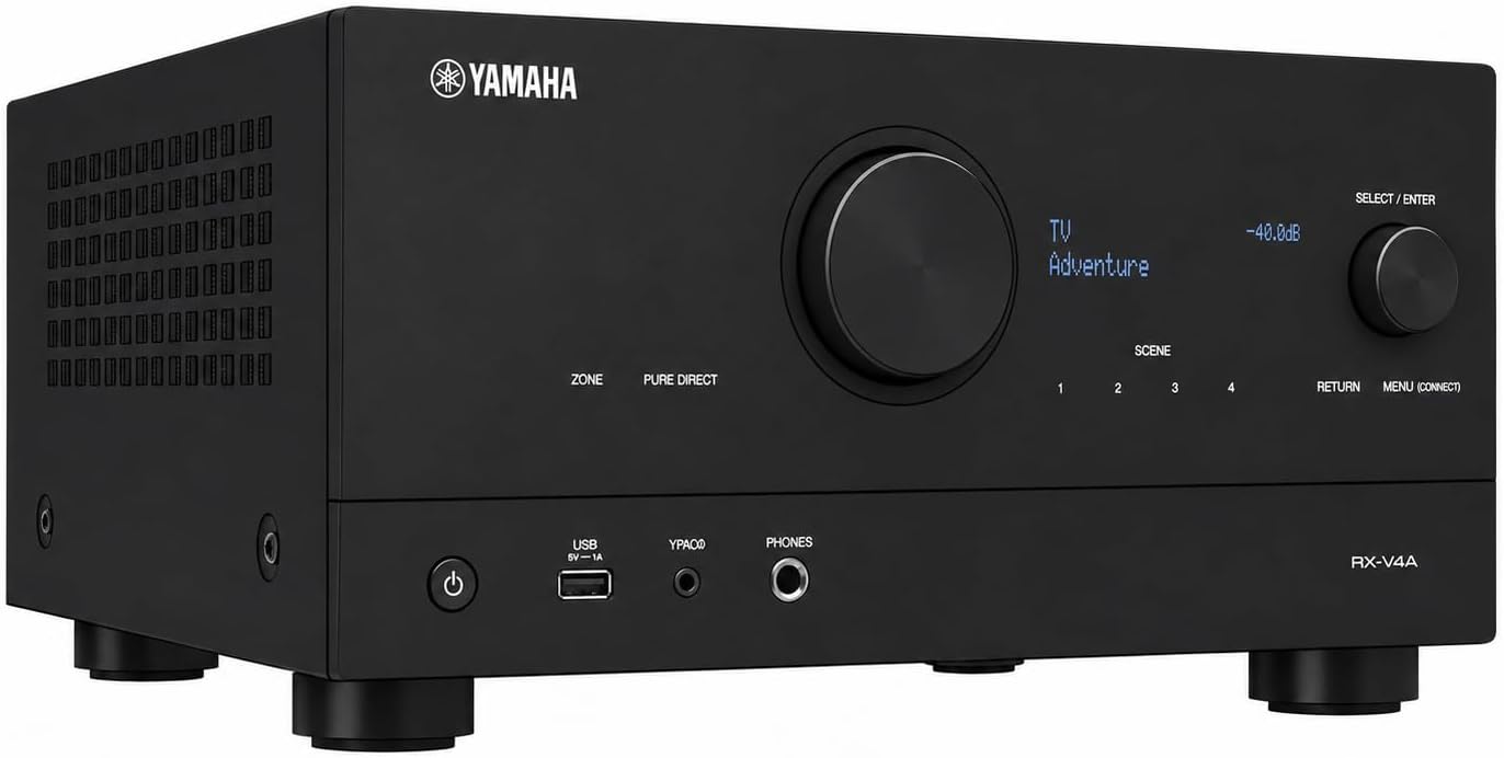 YAMAHA TV Adventure -40.0dB SELECT/ENTER SCENE ZONE PURE DIRECT 1 2 3 4 RETURN MENU (CONNECT) USB YPAO PHONES RX-V4A