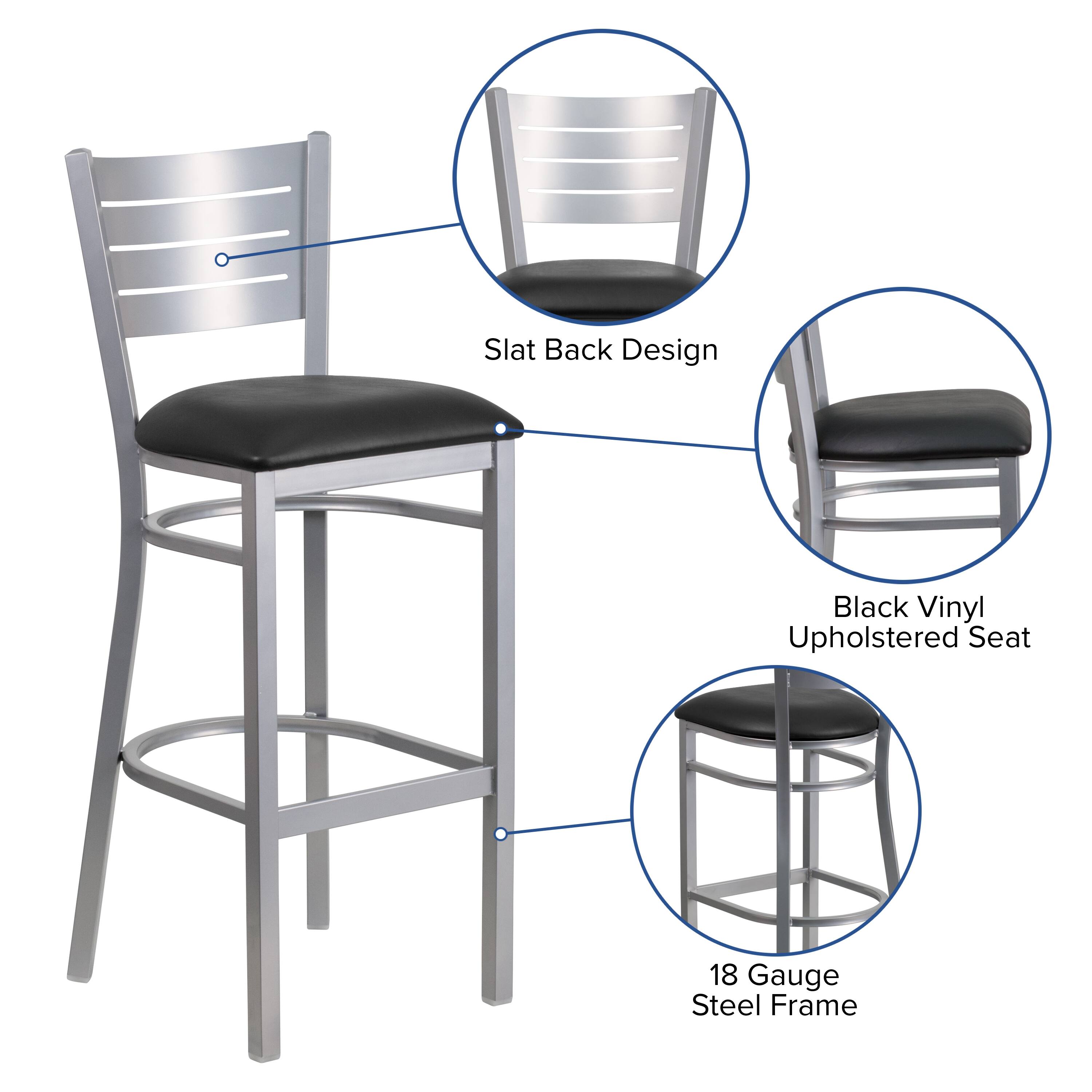 Slat Back Design  
Black Vinyl Upholstered Seat  
18 Gauge Steel Frame