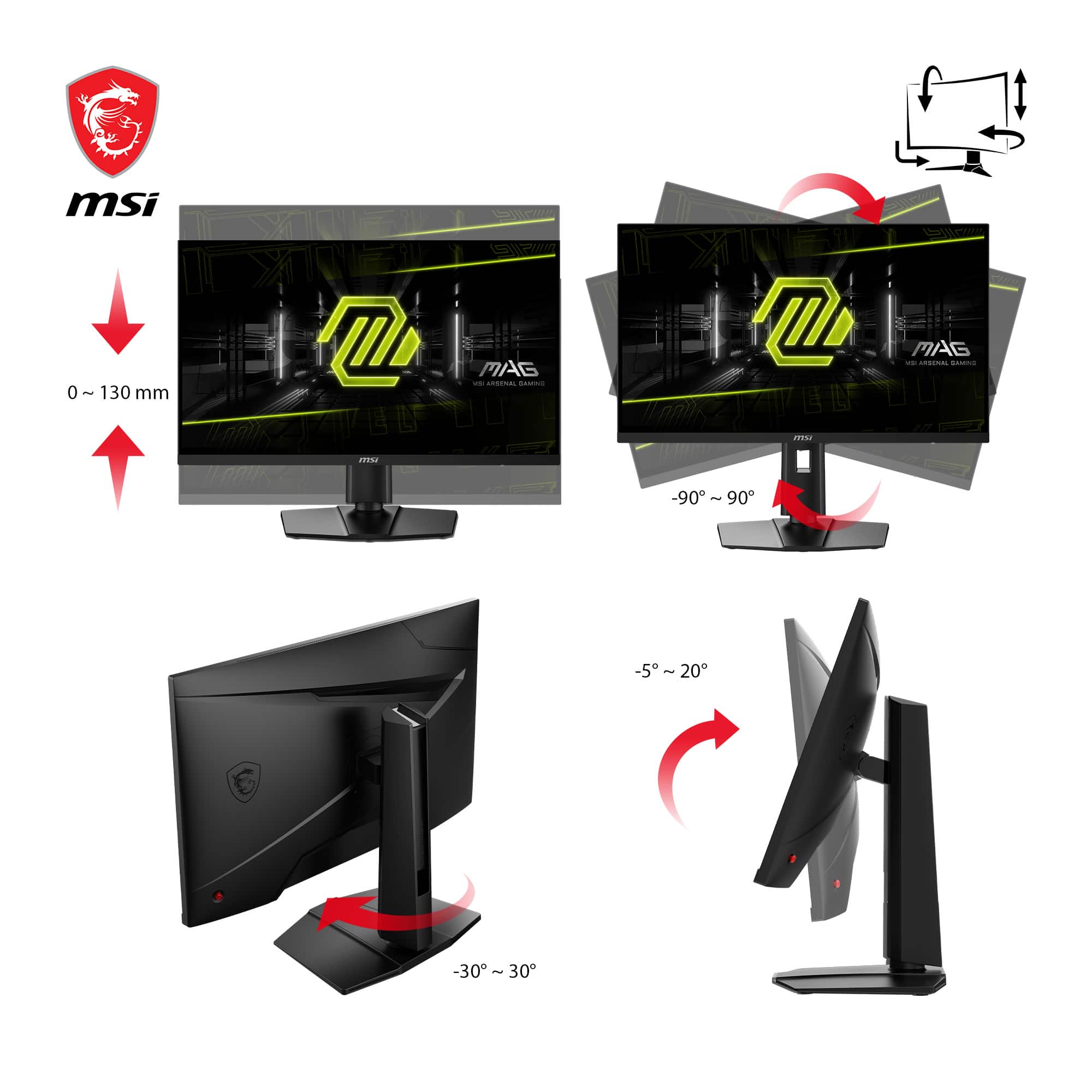 The text on the image is describing the features of two computer monitors, one with a 0-130mm range and the other with a 90-50mm range. The monitors are designed by MSI and have a MAG logo on them. The image also shows the monitors in different positions, with one being turned on and the other turned off. Additionally, there is a diagram of the monitor stand and a picture of the monitor stand with a red arrow pointing to the stand.