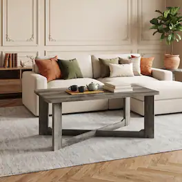 WELLFOR - 44" Rectangle Coffee Table with X-Shaped Base, Wood Center Table for Living Room - Gray