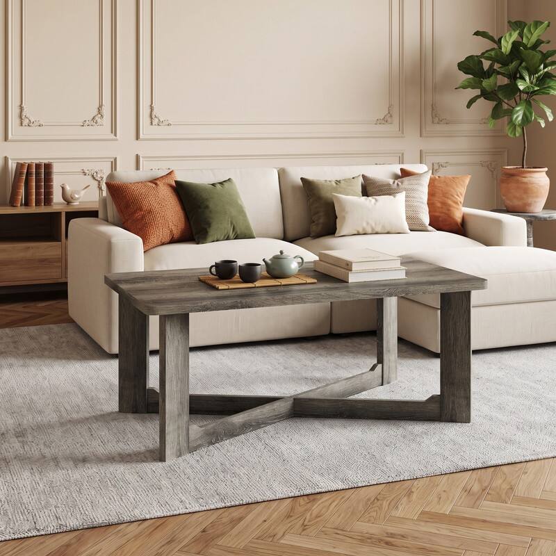 Front. WELLFOR - 44" Rectangle Coffee Table with X-Shaped Base, Wood Center Table  for Living Room - Gray.