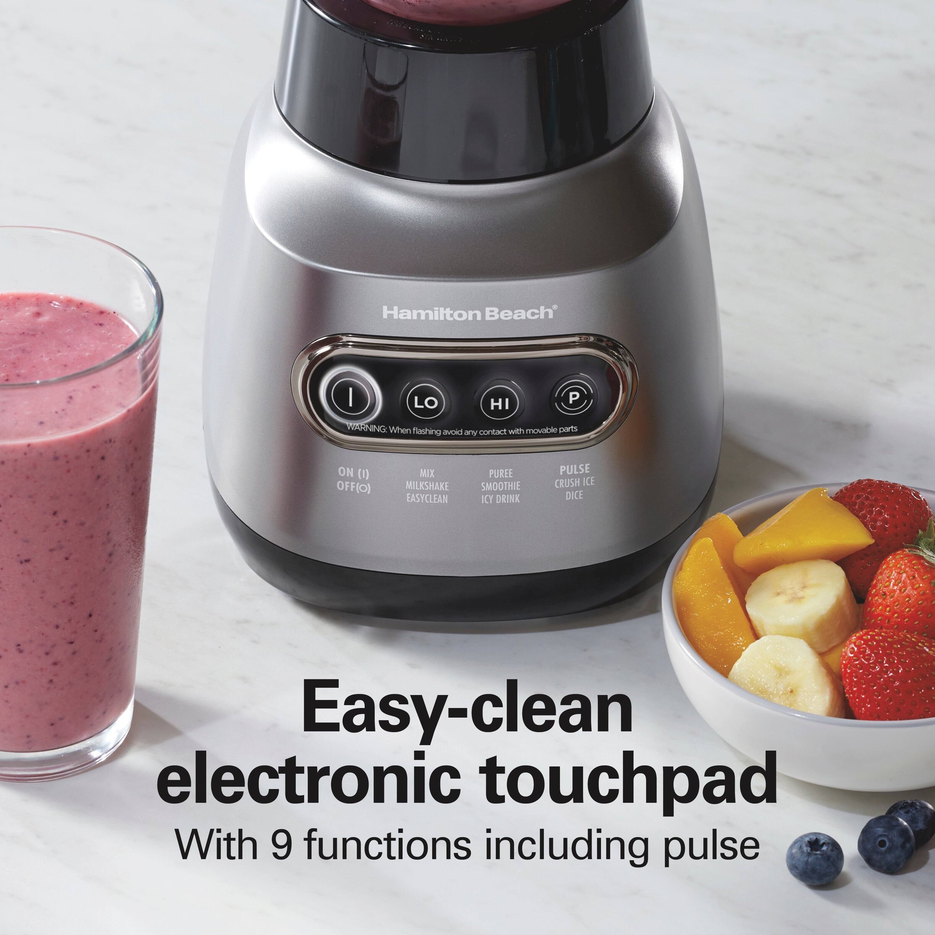 Hamilton Beach

WARNING: When flashing avoid contact with movable parts

ON (I) OFF (O) MIX MILKSHAKE EASYCLEAN PUREE SMOOTHIE PULSE CRUSH ICE DICE

Easy-clean electronic touchpad with 9 functions including pulse
