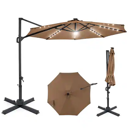 Front. Costway - Costway 10 FT Cantilever Patio Umbrella with Solar LED Lights, 360° Rotation, Easy Tilt - Brown.