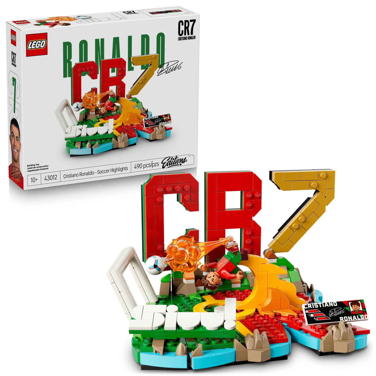 EAI CR7 E JET ENLE LEGO M RB Cils CRISTOSIA Ad RUSAL B - - - - - 490 pos/pzs Editions EO - i Ronaldo Soccer Highlights 43012 Cristiano 10+ fr in (s y - 2 - CRISTIANO - 1 Euuil RONALDO

Corrected text:
LEGO CR7 Cristiano Ronaldo - Soccer Highlights 43012 Editions 490 pcs/pzs 10+