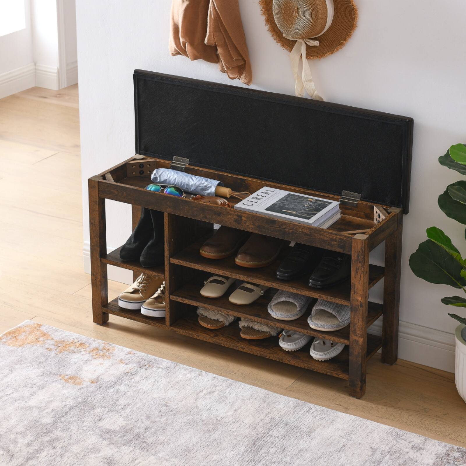 Back. HTUTWOO - Entryway Bench Shoe Rack: Flip-Open Storage, Adjustable Shelves & Cushion for Living Room Hallway Families - Vintage Brown.