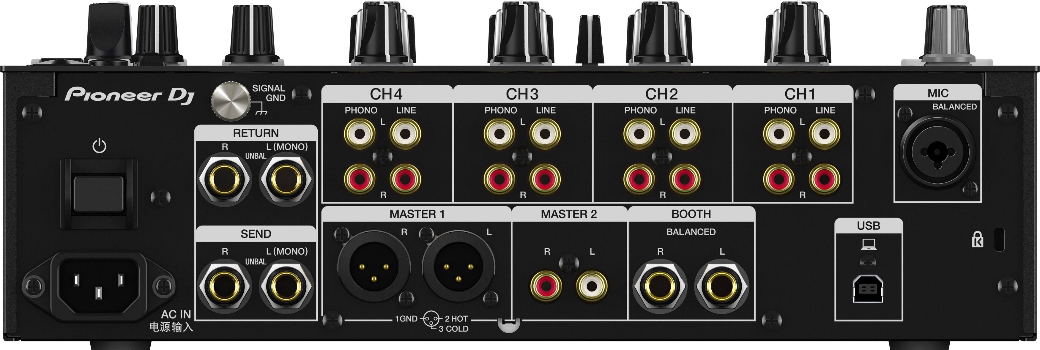 Pioneer DJ

SIGNAL GND

RETURN (MONO) UNBAL

SEND (MONO) UNBAL

MASTER 1 R L

MASTER 2 A L

BOOTH BALANCED R L

USB

AC IN

1 GND 2 HOT 3 COLD

CH4 PHONO LINE L

CH3 PHONO LINE L

CH2 PHONO LINE L

CH1 PHONO LINE L

MIC BALANCED

1GND 2 HOT 3 COLD