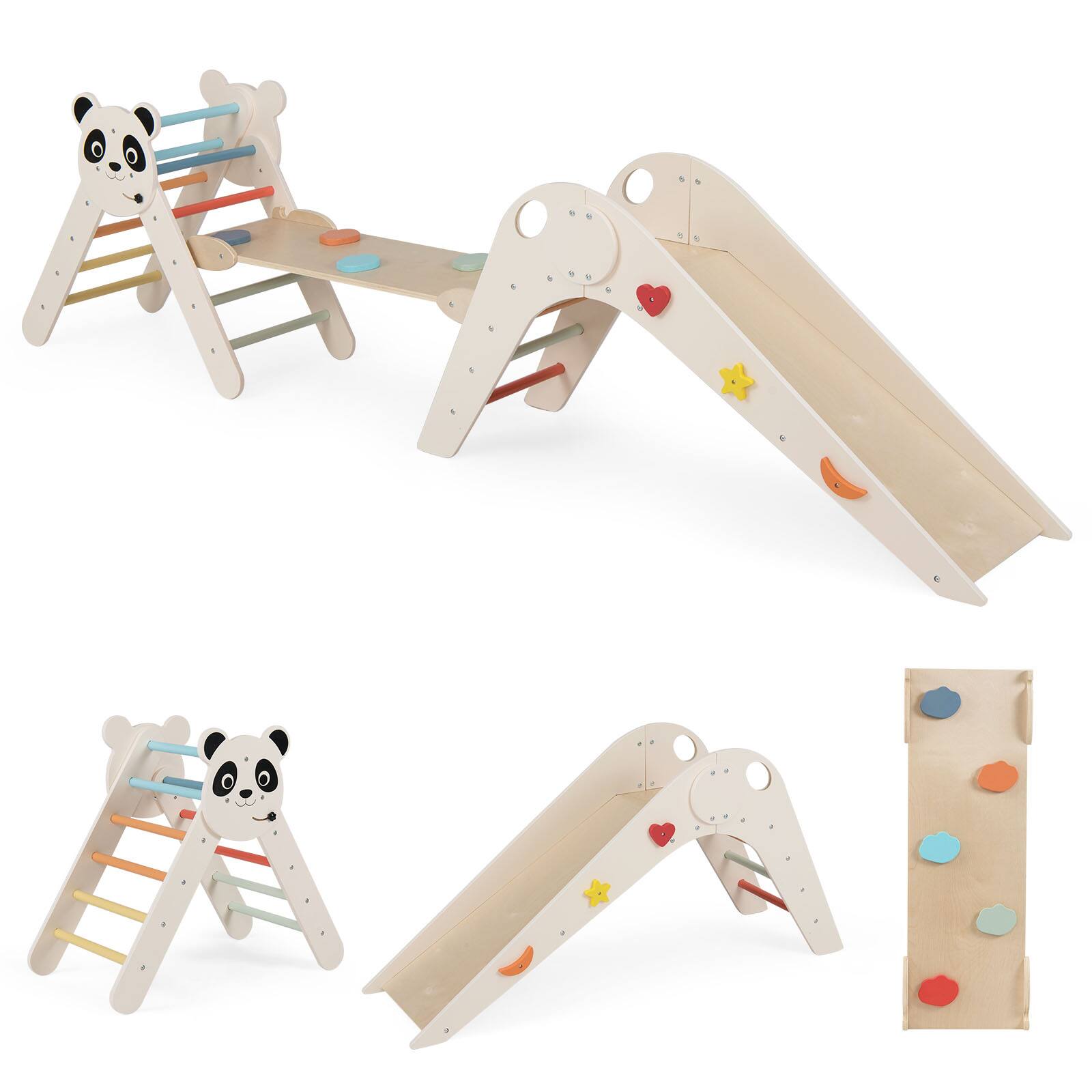 Alt View 9. Gymax - Gymax Panda-Themed Wood Montessori Climbing Set w/Slide Ramp Ladder & Cartoon Blocks Beige - Beige.