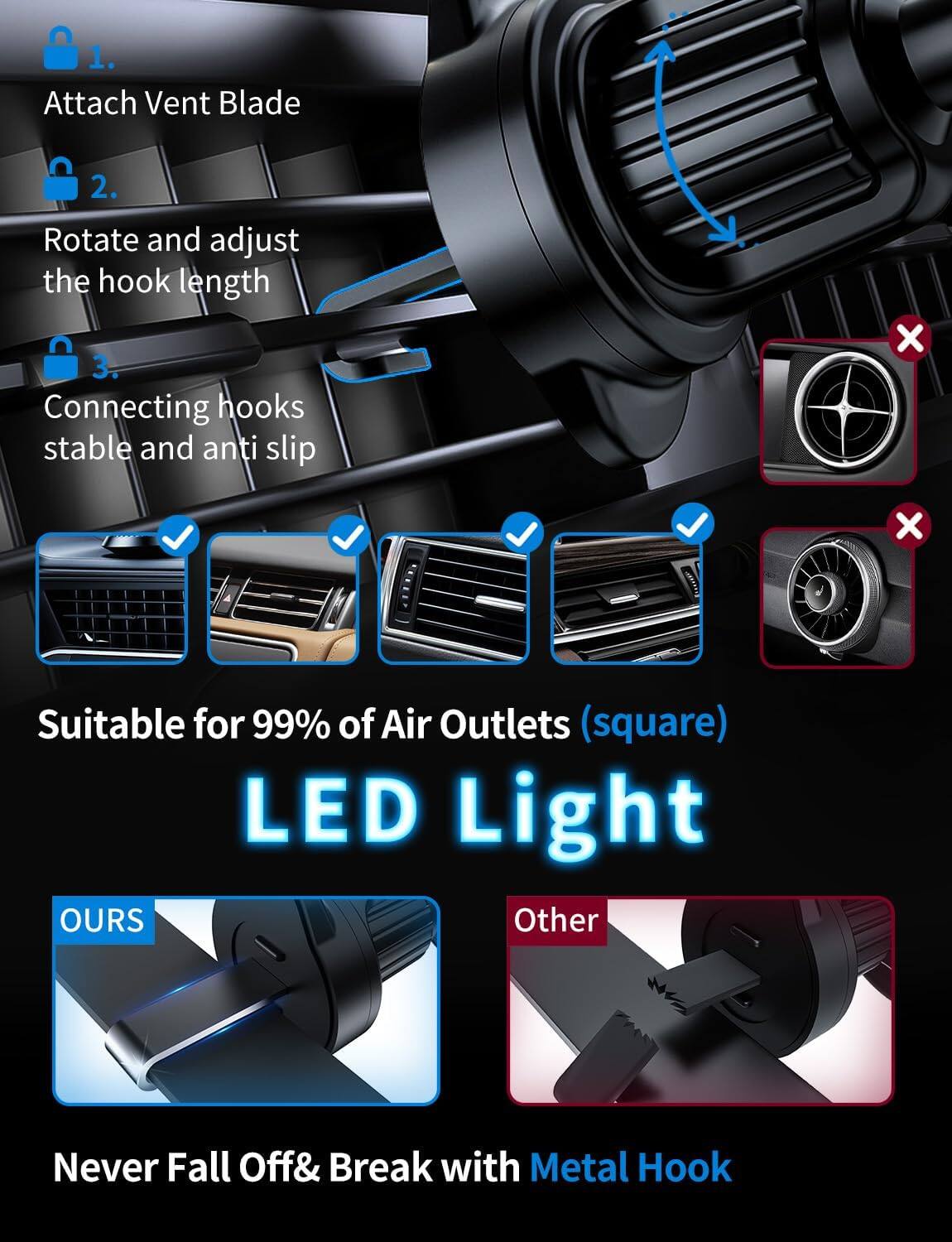 1. Attach Vent Blade  
2. Rotate and adjust the hook length  
3. Connecting hooks stable and anti slip  

Suitable for 99% of Air Outlets (square)  

LED Light  

OURS  
Never Fall Off & Break with Metal Hook  

Other
