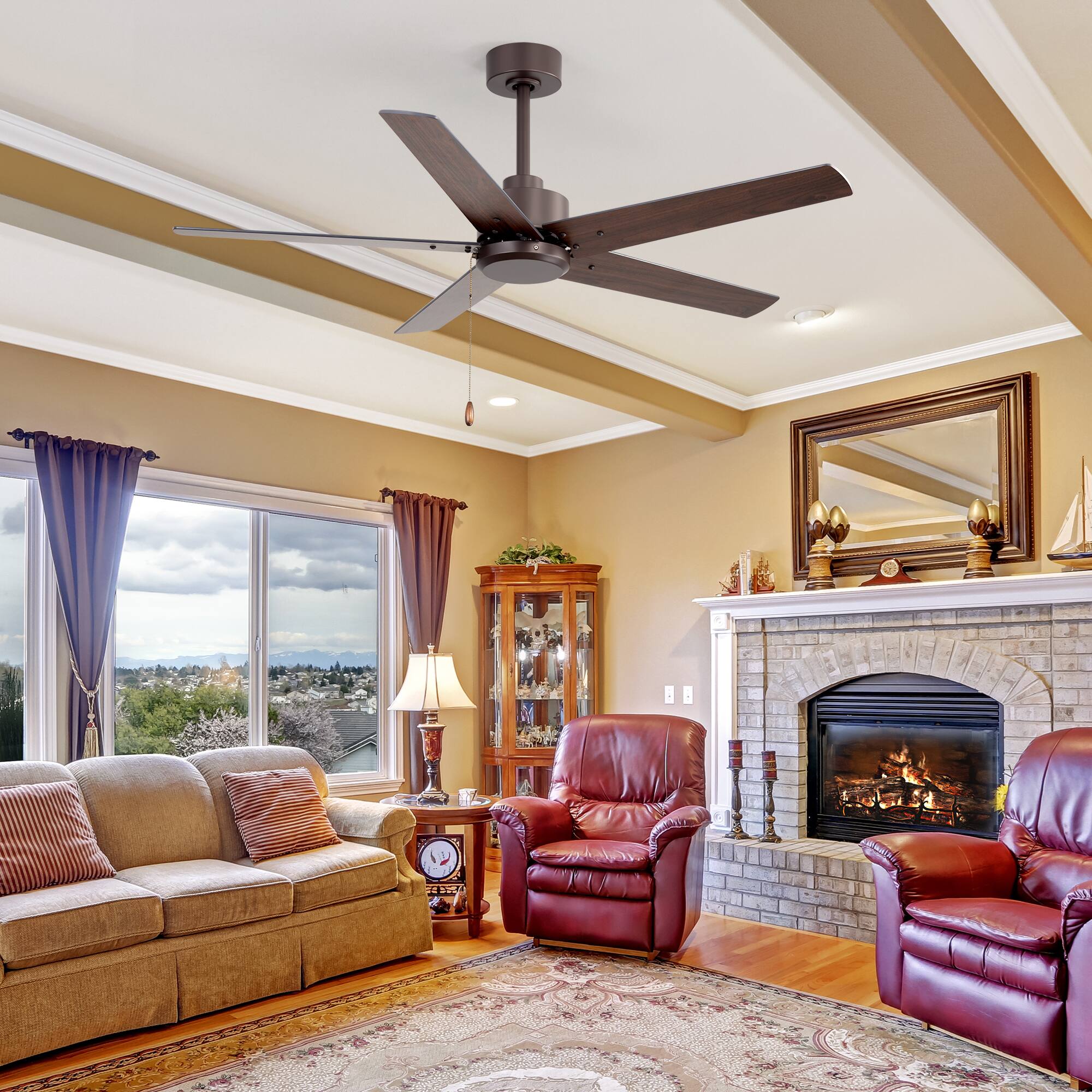 Alt View 5. Breezary - 52-Inch Indoor Ceiling Fan, No-Light, 5 Reversible Plywood Blades, 3-Speed AC Motor, 5/10'' Downrods, Pull Chain Control - Oil-rubbed Bronze.